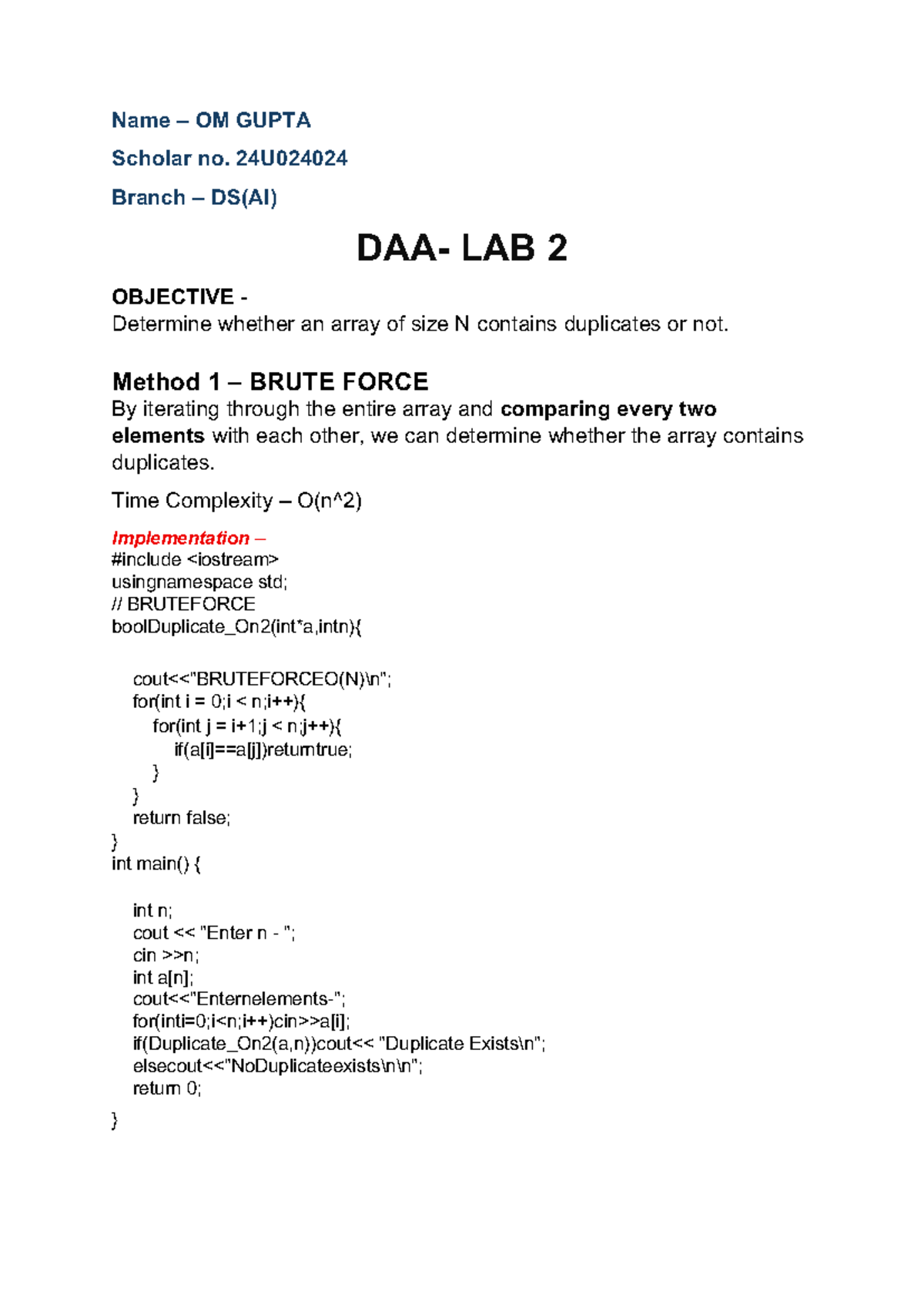 Assignment 2 DAA: Duplicate Detection Methods in Arrays - Studocu