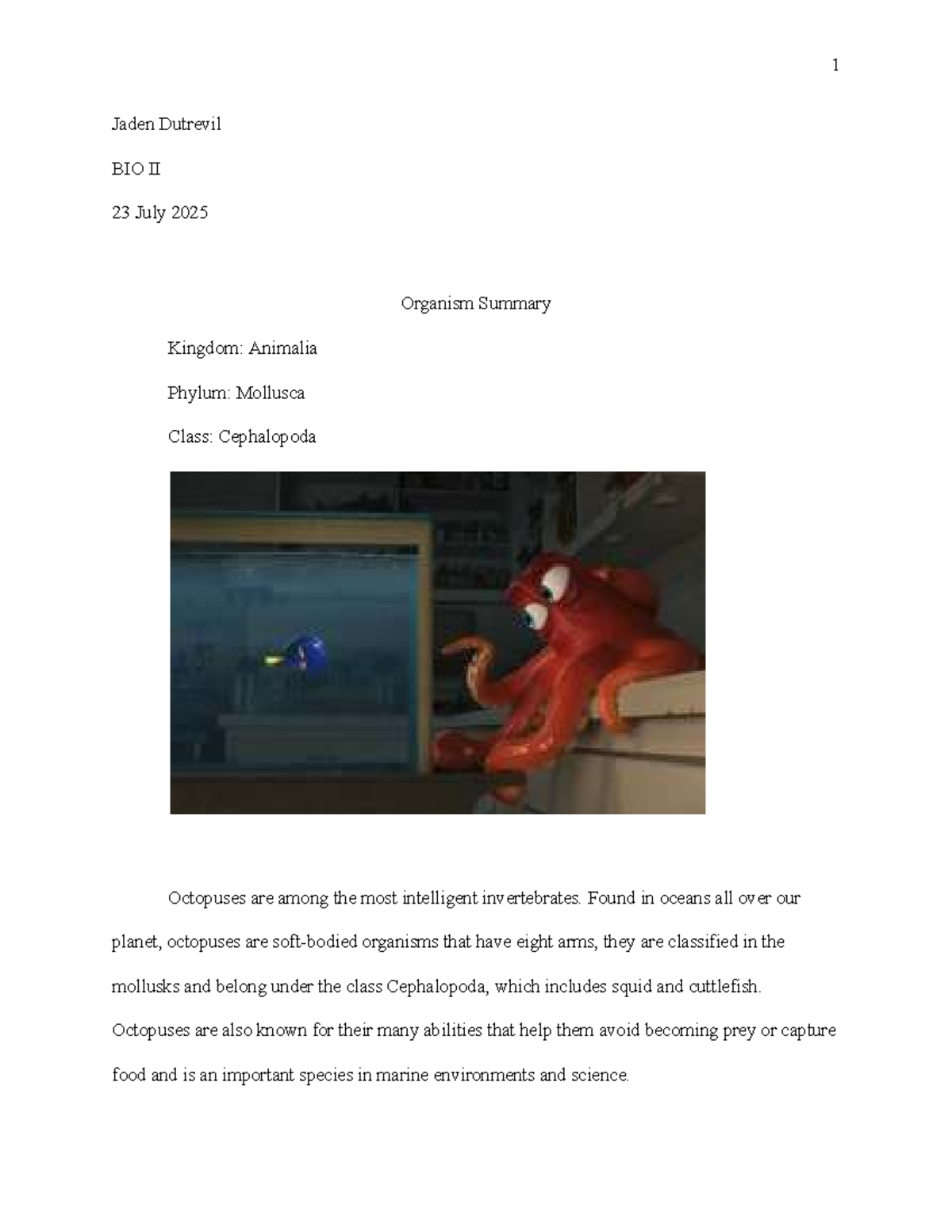 BIO II Organism Summary: Octopus Adaptations and Defense Mechanisms ...