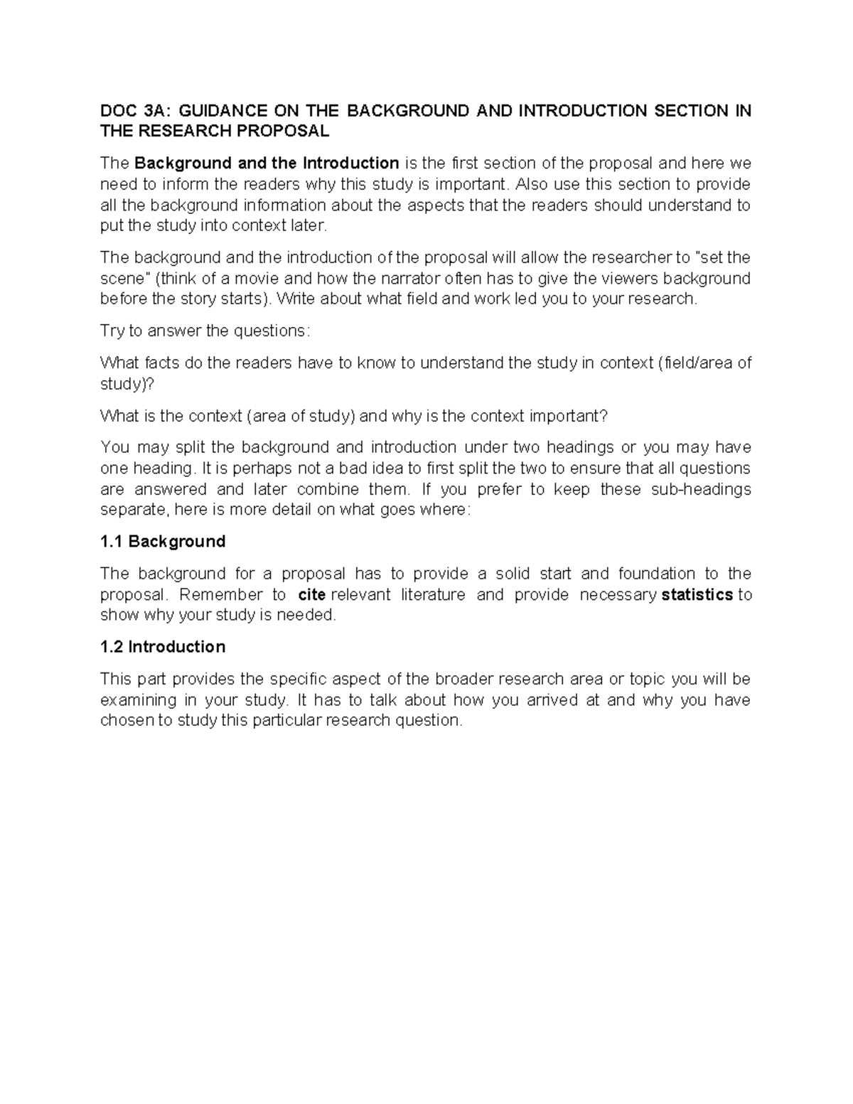 DOC 3A: Background & Introduction for Research Proposal Guidance - Studocu