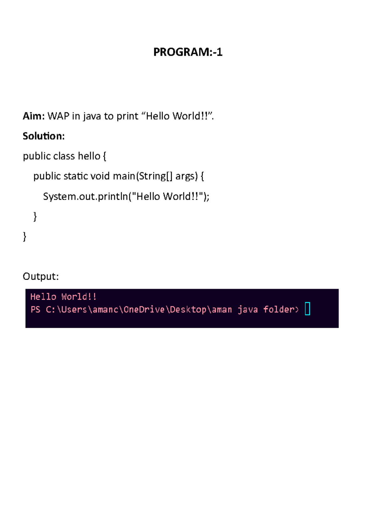 Java progra M - oops with java - PROGRAM:- 1 Aim: WAP in java to print ...