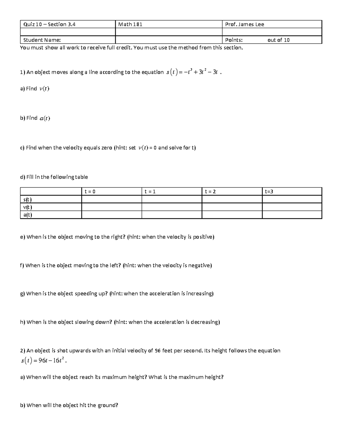 Quiz10+-+Section+3 - Quiz 10 - Quiz 10 – Section 3. 4 Math 181 Prof ...