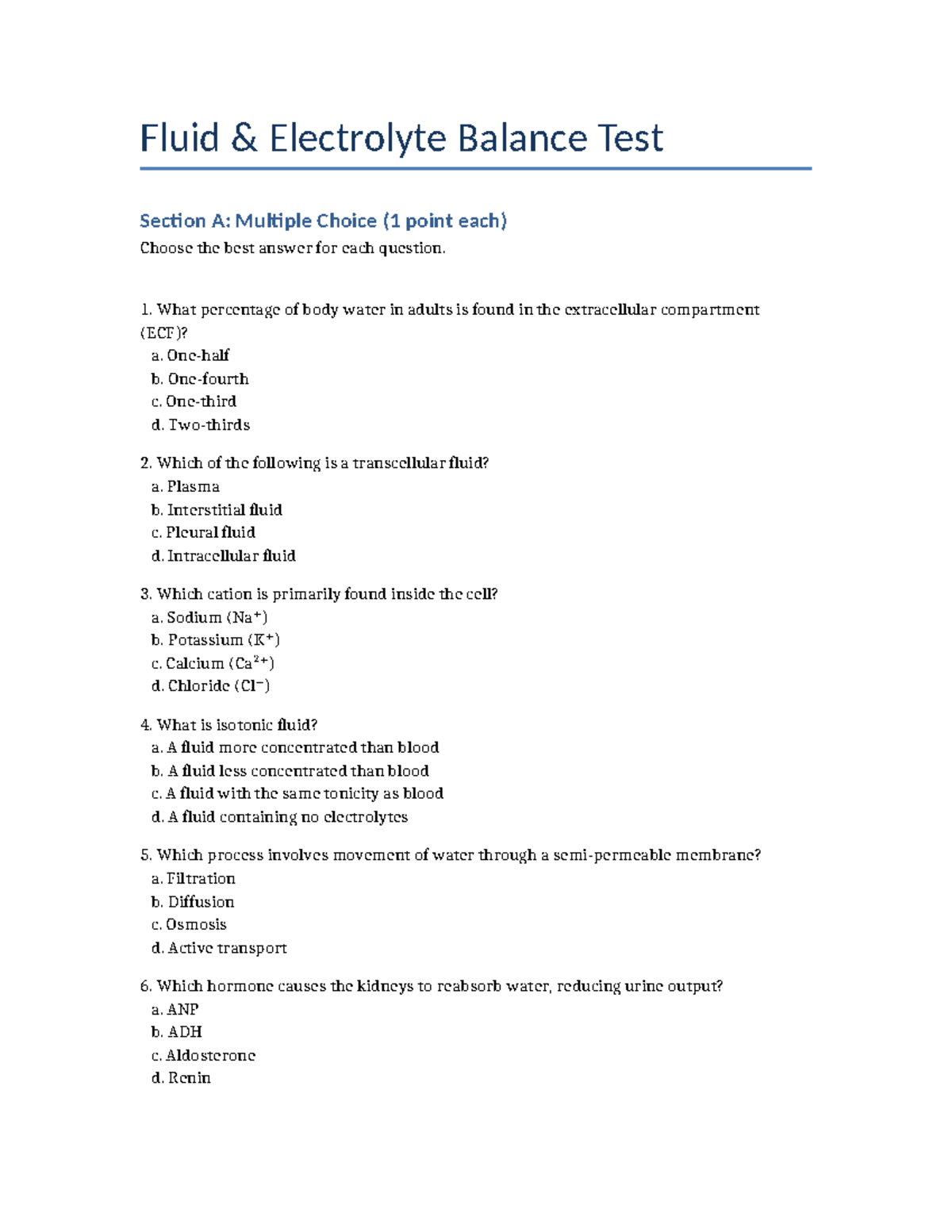 Fluid & Electrolyte Balance Study Guide: Test Prep for Exam - Studocu