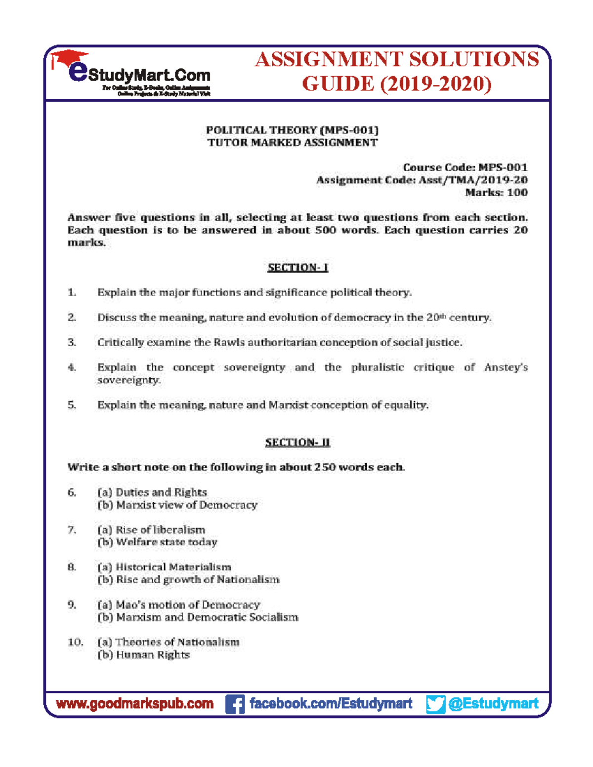 MPS 1 EM - Political Theory Assignment Solutions Guide - Studocu