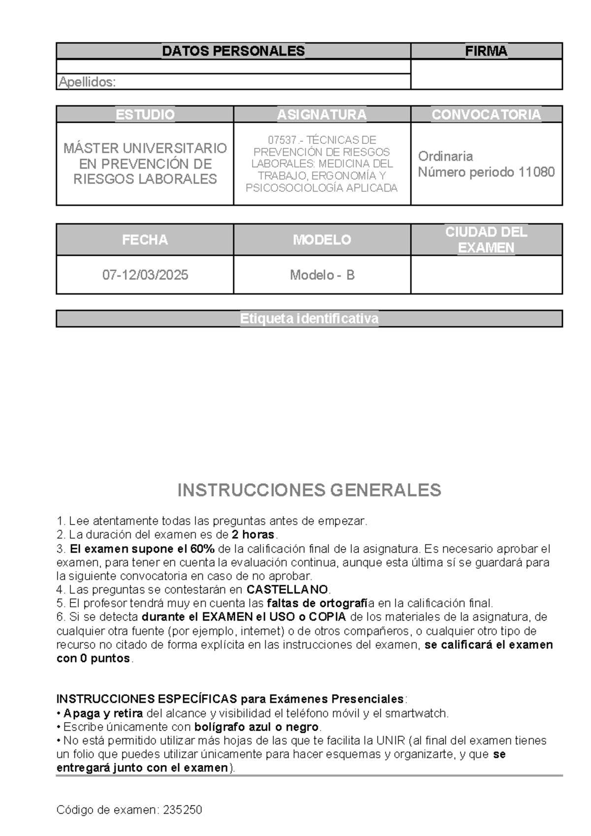 Examen modelo B 2025: Prevención de riesgos laborales y ergonomía - Studocu