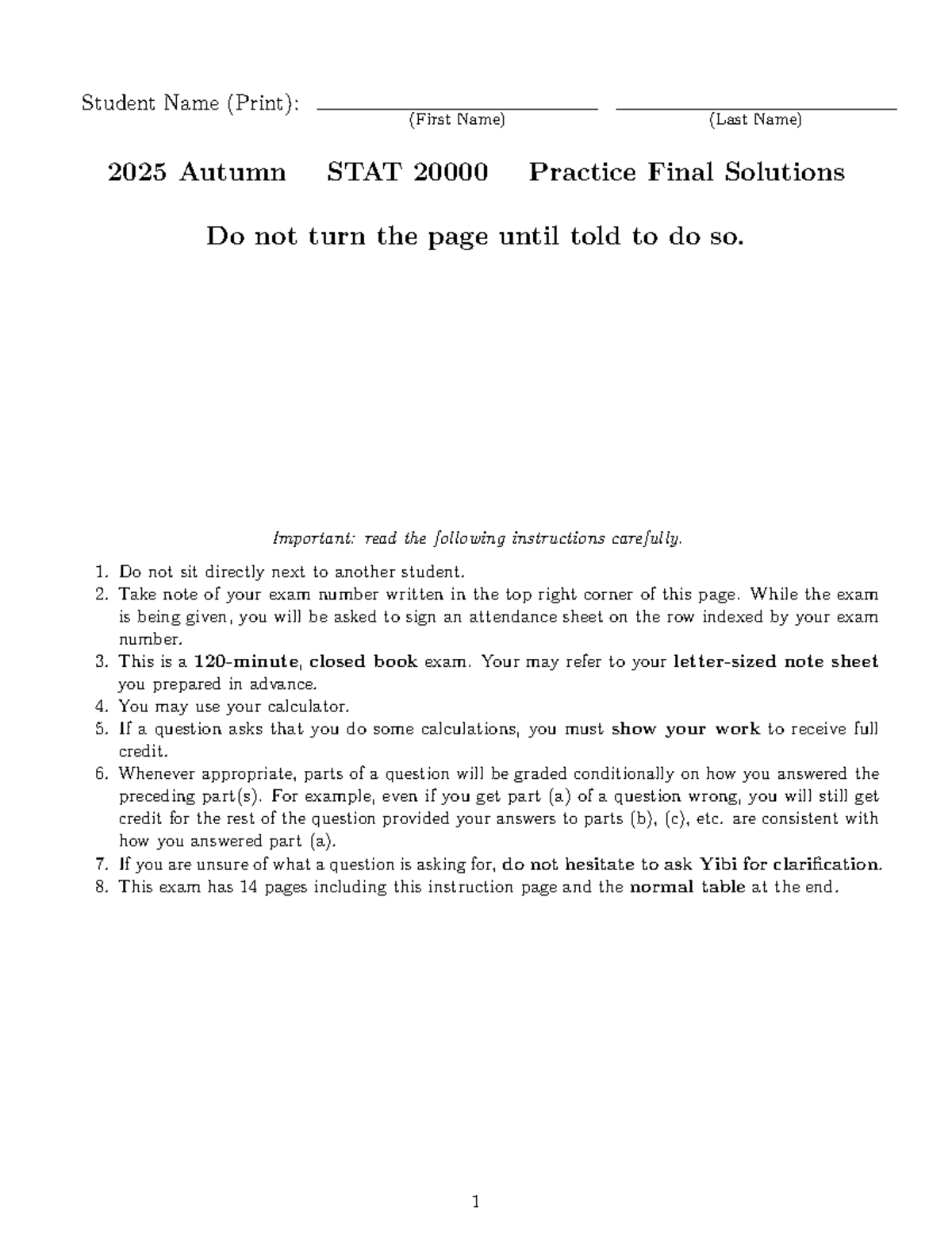 STAT 20000 Practice Final Solutions - Autumn 2025 - Studocu