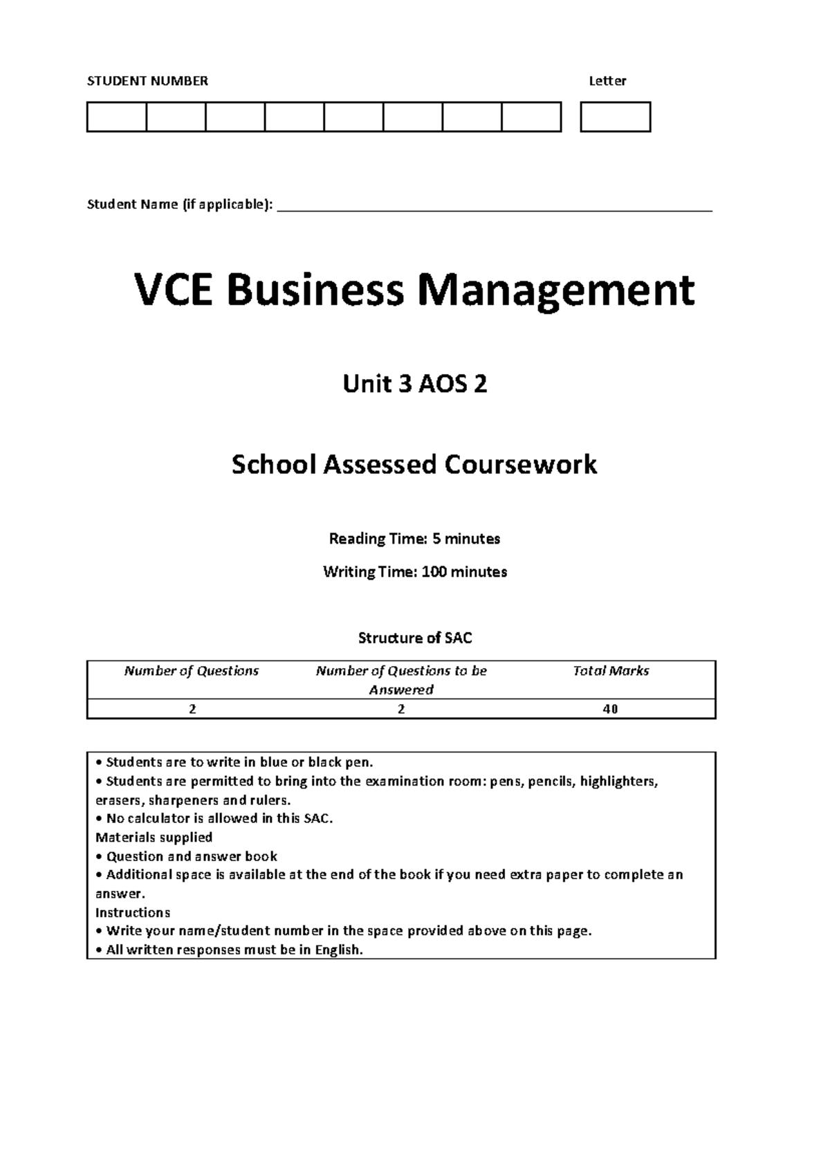 VCE Business Management Unit 3 AOS 2 Practice SAC 3 - Student ...