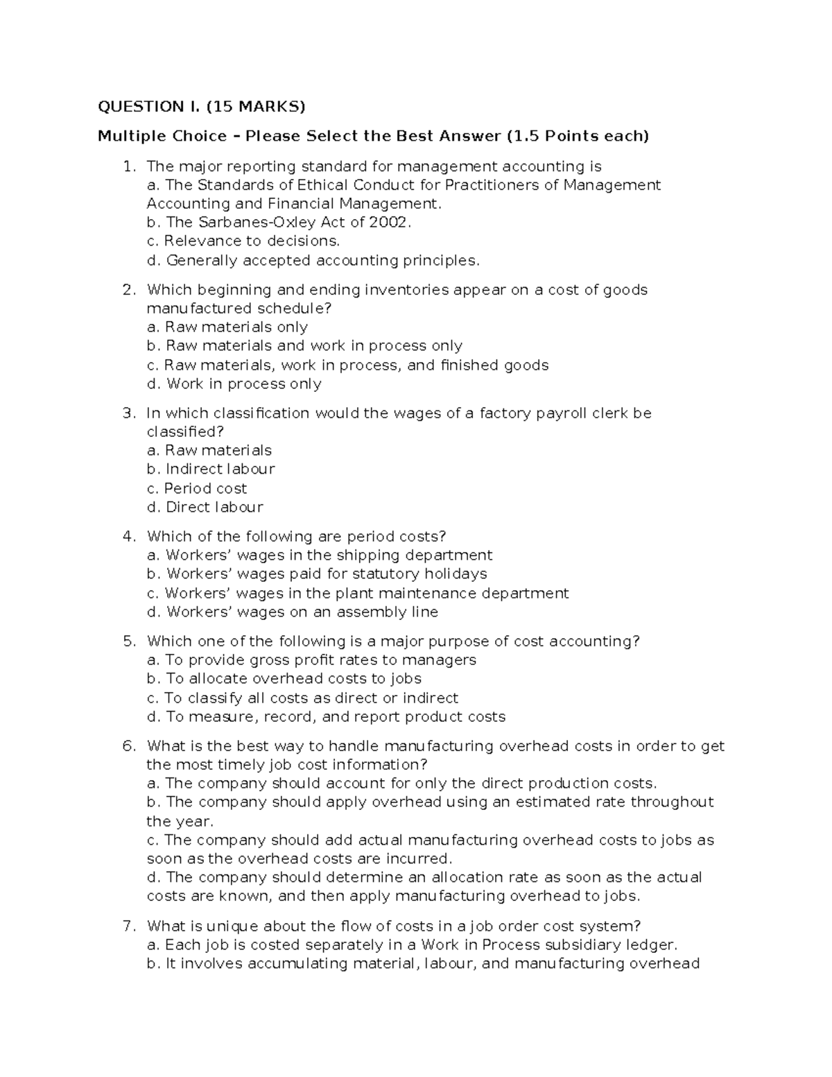 Midterm 1 Mock Exam: Multiple Choice Questions (15 Marks) - Studocu