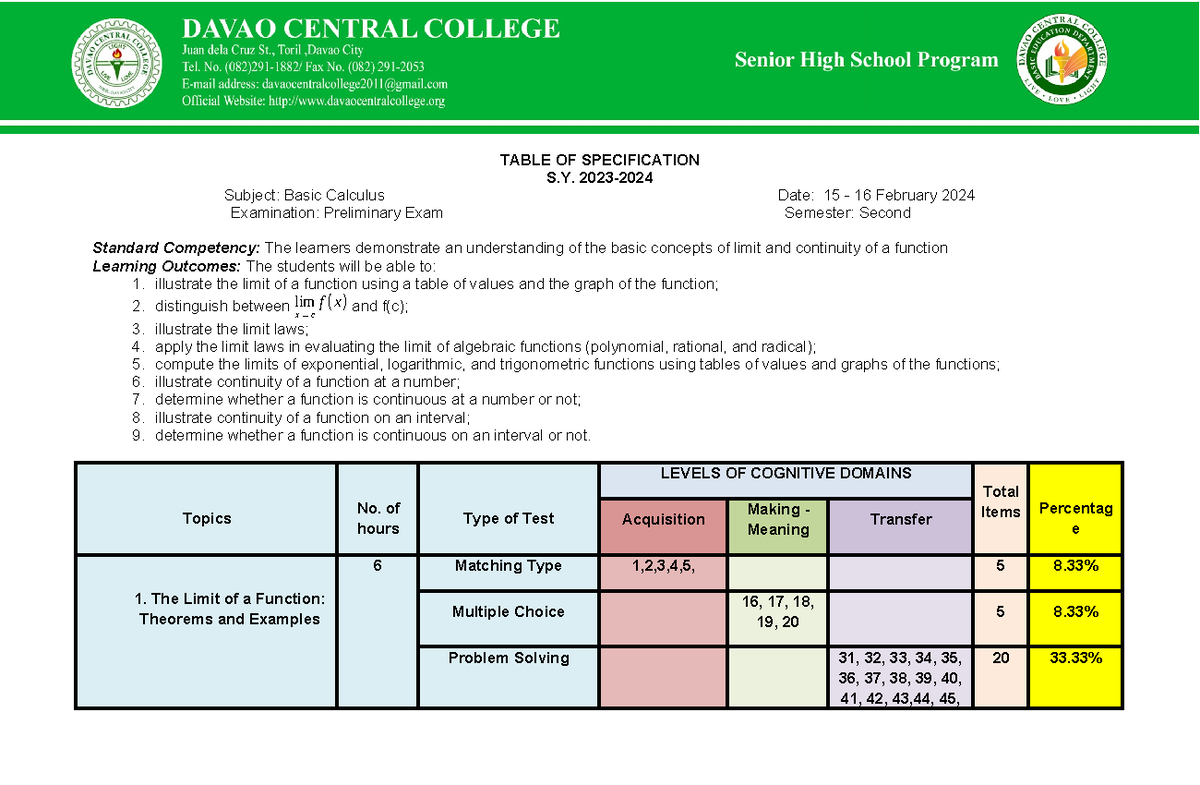 Basic Calculus TOS Prelim Exam Specification - Feb 2024 - Studocu