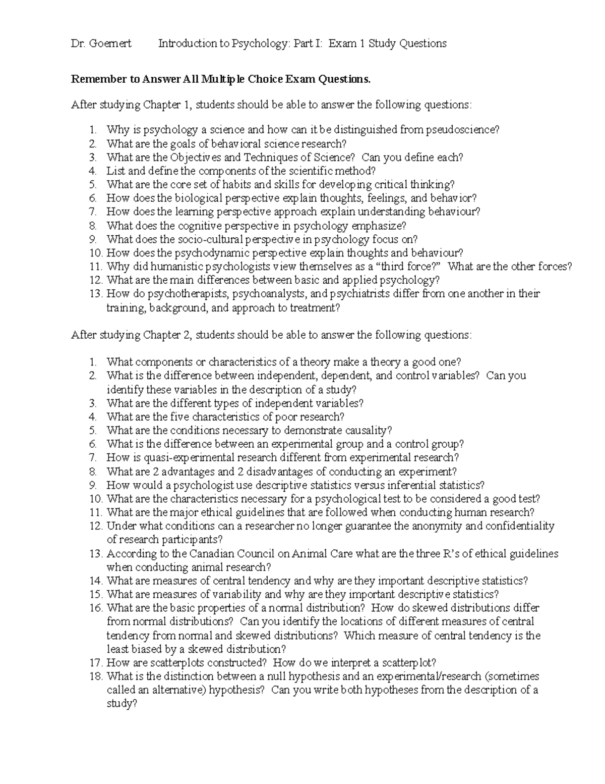 Exam 1 Review 23 - exam 1 - Dr. Goernert Introduction to Psychology ...
