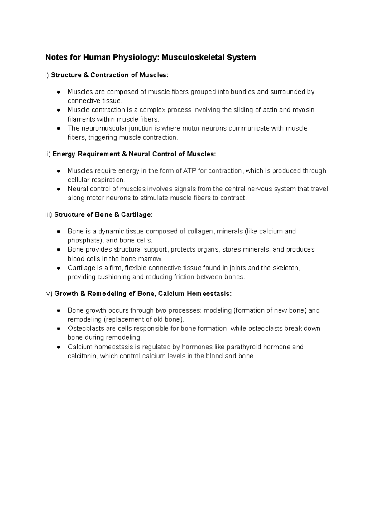 Notes for Human Physiology (PHYS 101): Musculoskeletal System Overview ...