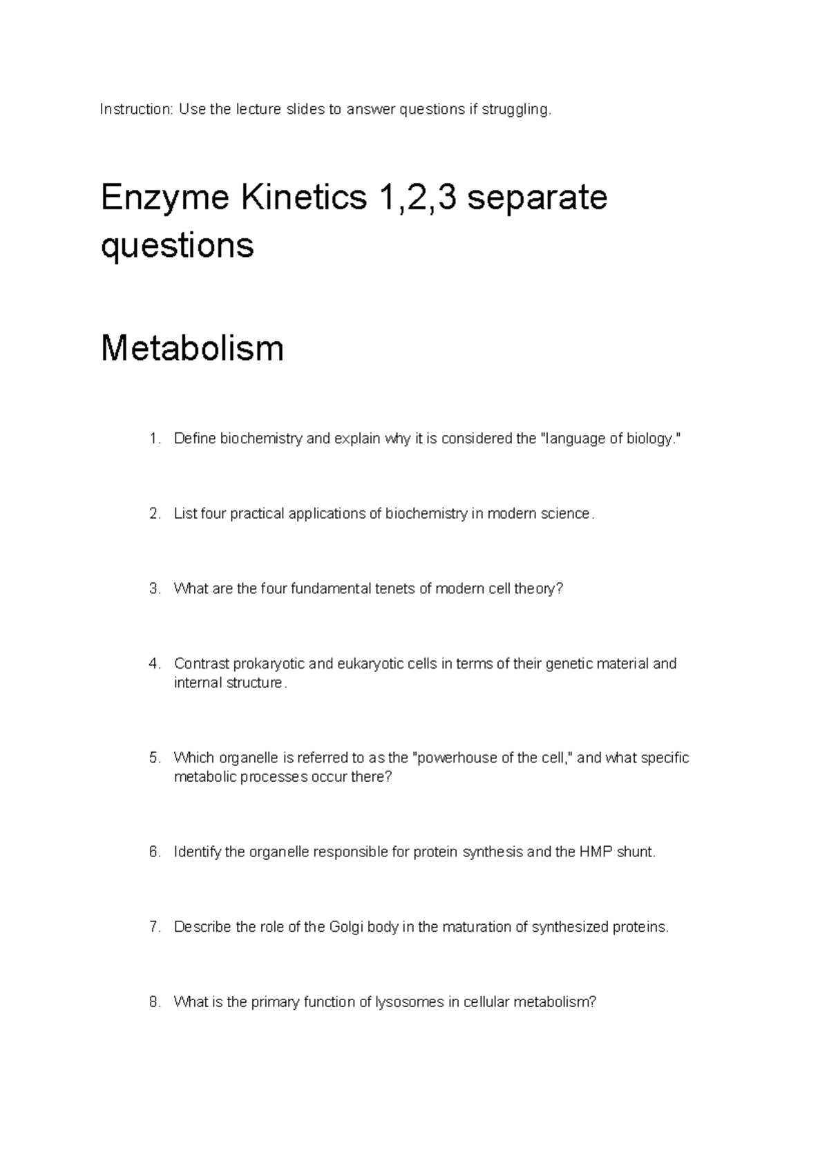 Biochemistry Highlight Questions (WEEK 26-34) for Enzyme Kinetics and ...