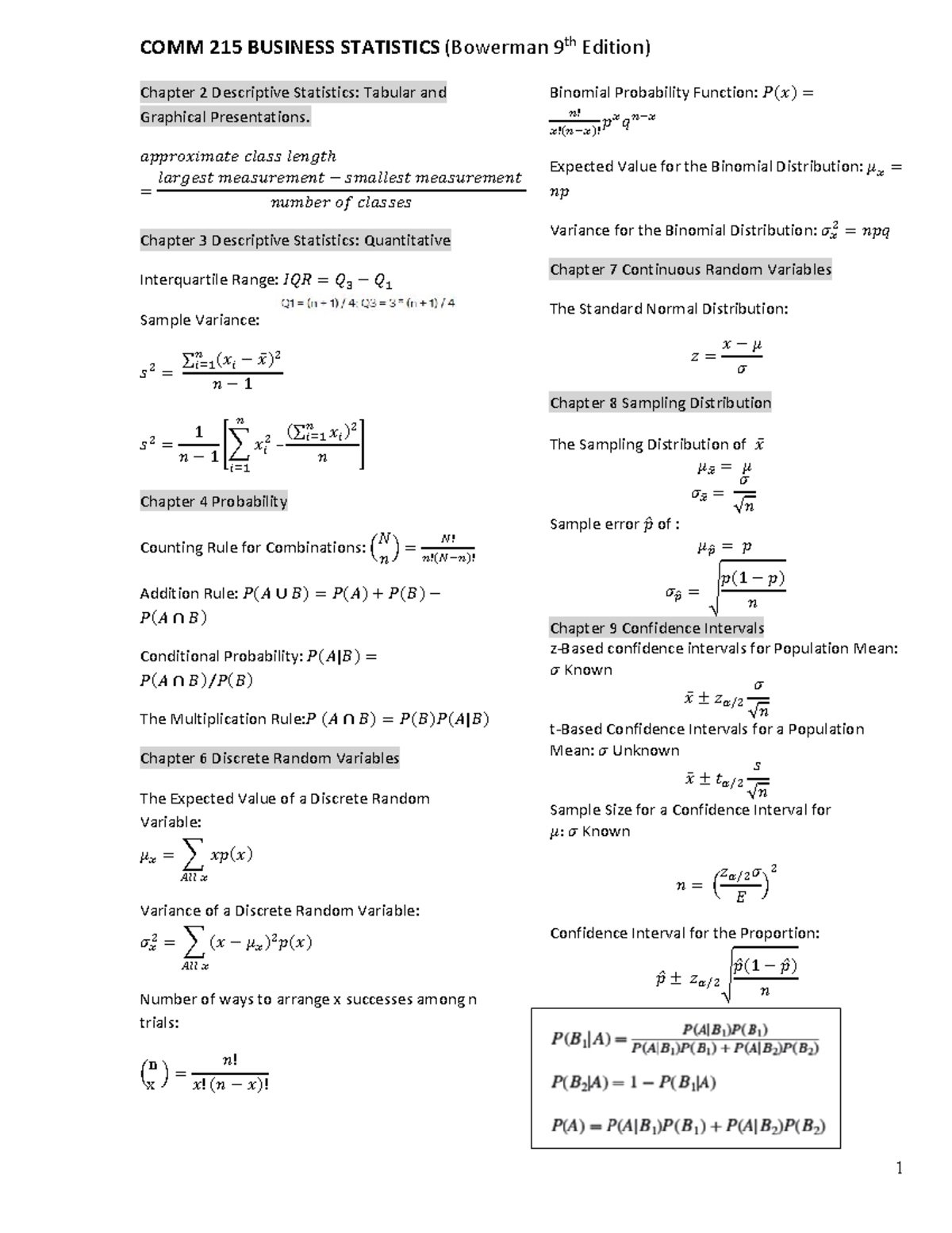 COMM 215 Business Statistics Final Exam Formula Sheet (2024) - Studocu