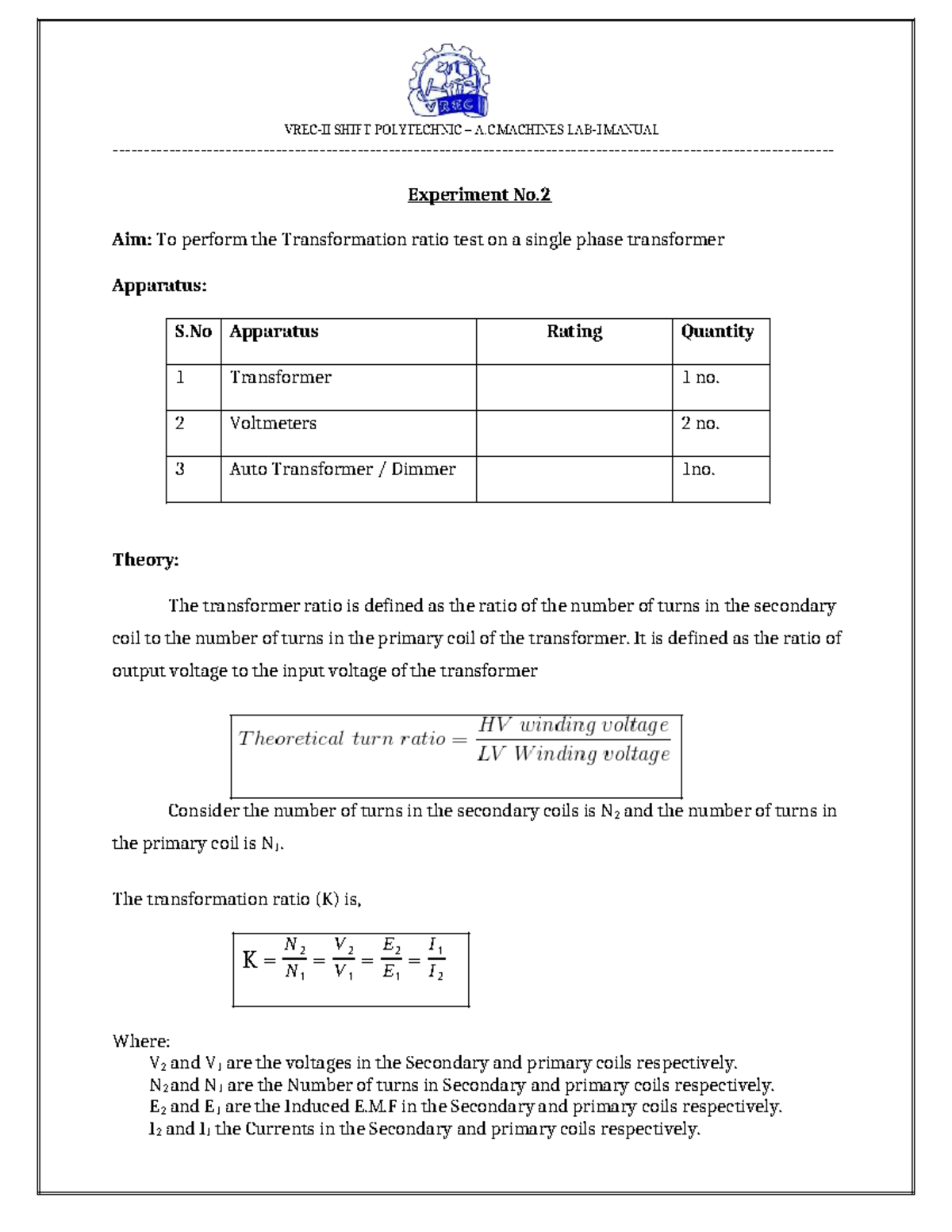 A.C. Machines Manual No.2: Transformer Ratio Test Procedure - Studocu