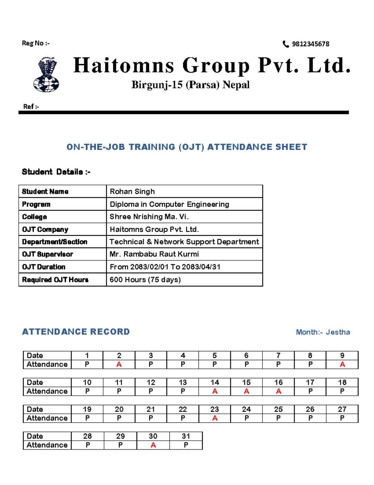 OJT Attendance Record for Rohan Singh - Diploma in Computer Engineering ...