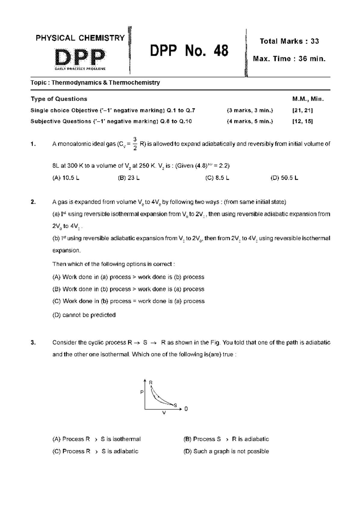 DPP No. 48: Thermodynamics & Thermochemistry Practice Problems - Studocu