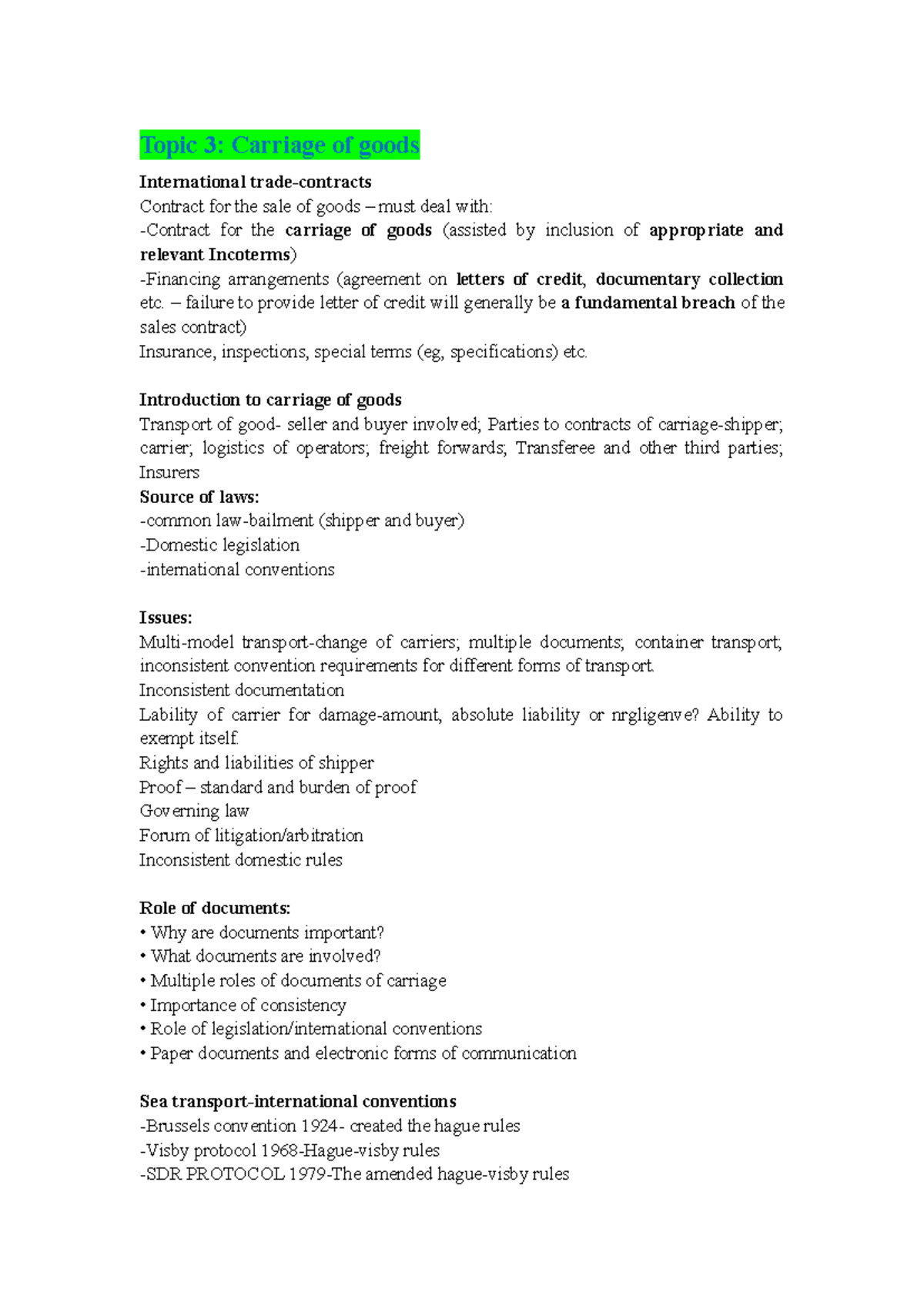 Carriage of goods and Financing - Topic 3: Carriage of goods ...