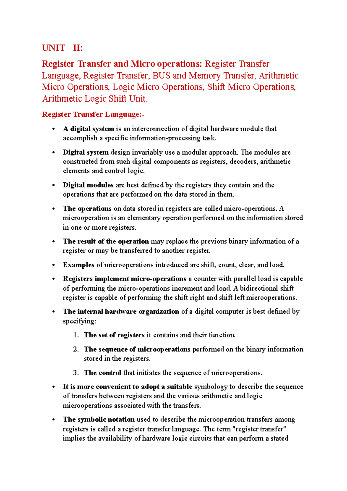 COA UNIT II: Register Transfer & Microoperations Lecture Notes - Studocu