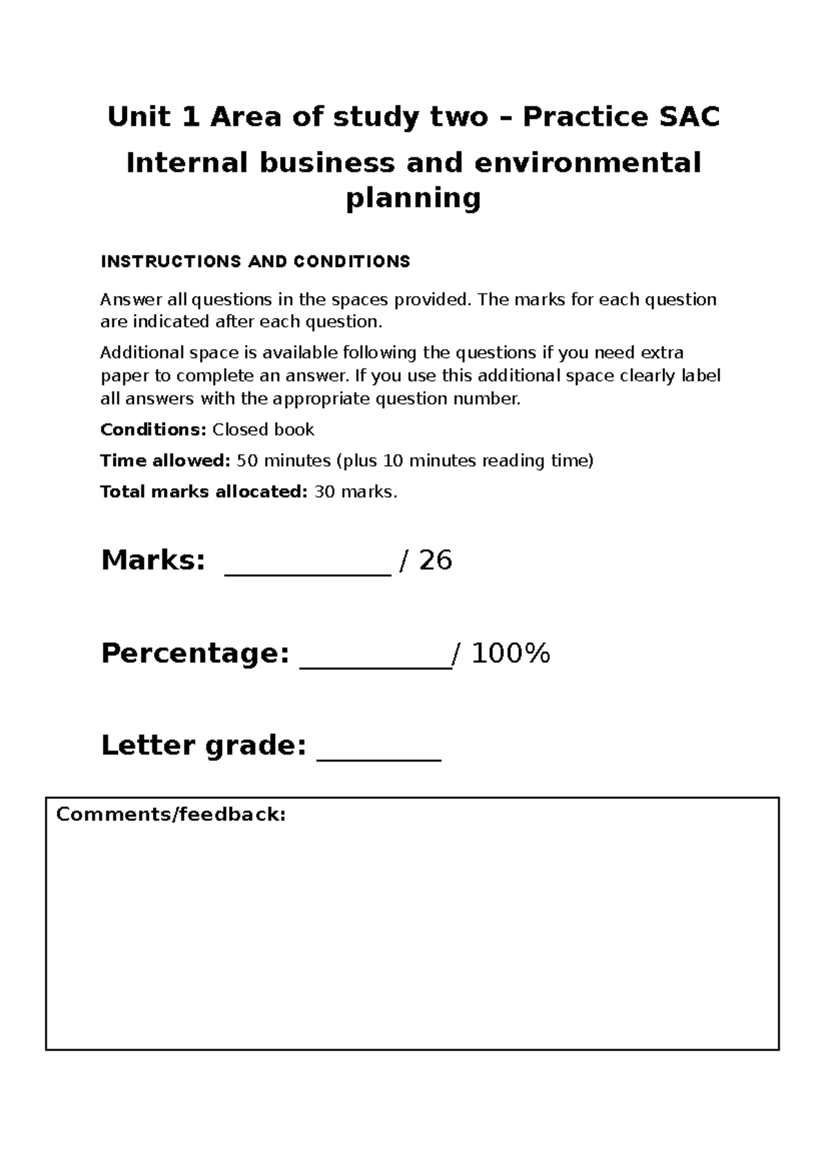Unit 1 Area of Study 2: Practice SAC on Internal Business Planning ...