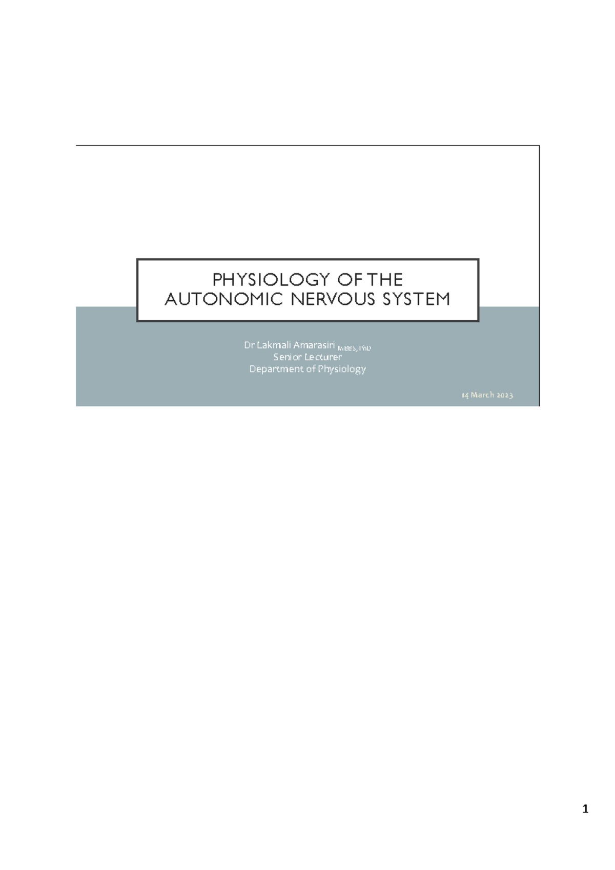 Lecture Handout on Physiology of the Autonomic Nervous System ...