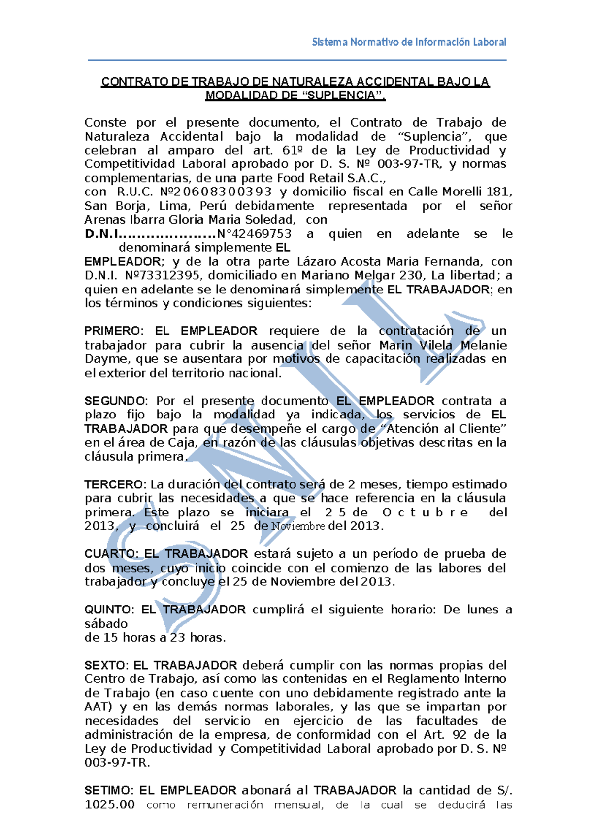 Contrato DE Trabajo Accidental Suplencia - Sistema Normativo de ...