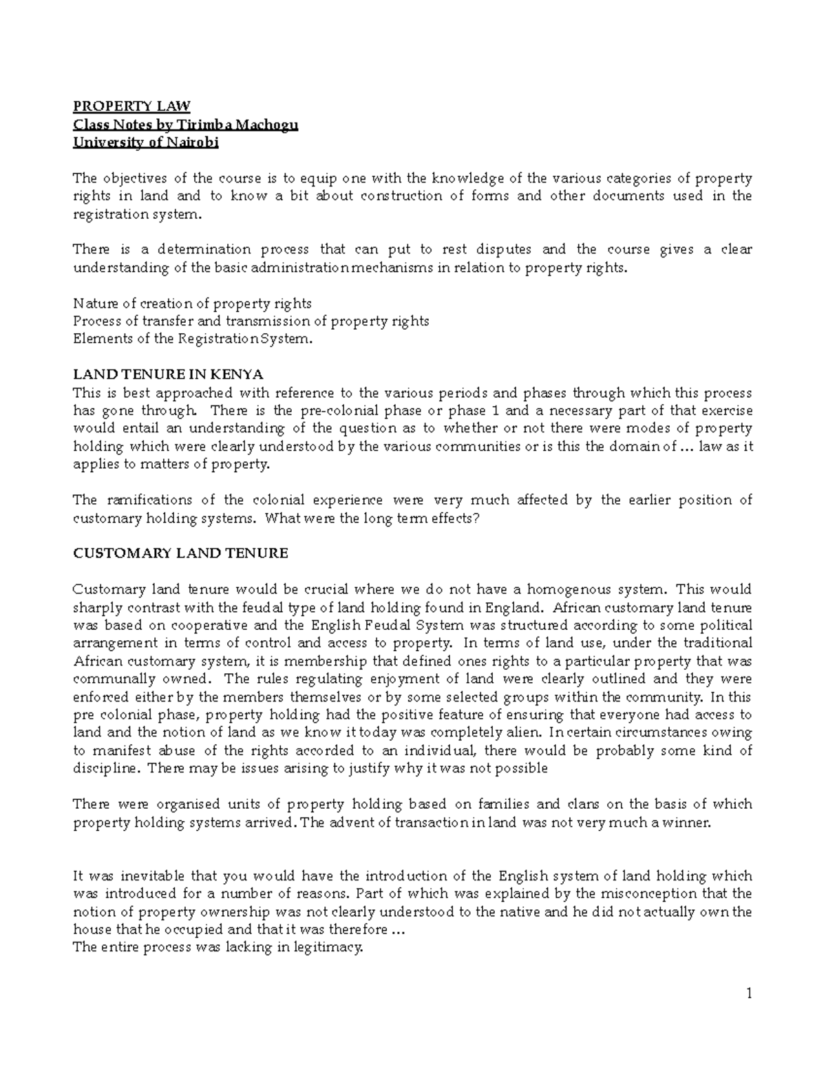 PROPERTY LAW Class Notes: Understanding Land Tenure in Kenya - Studocu
