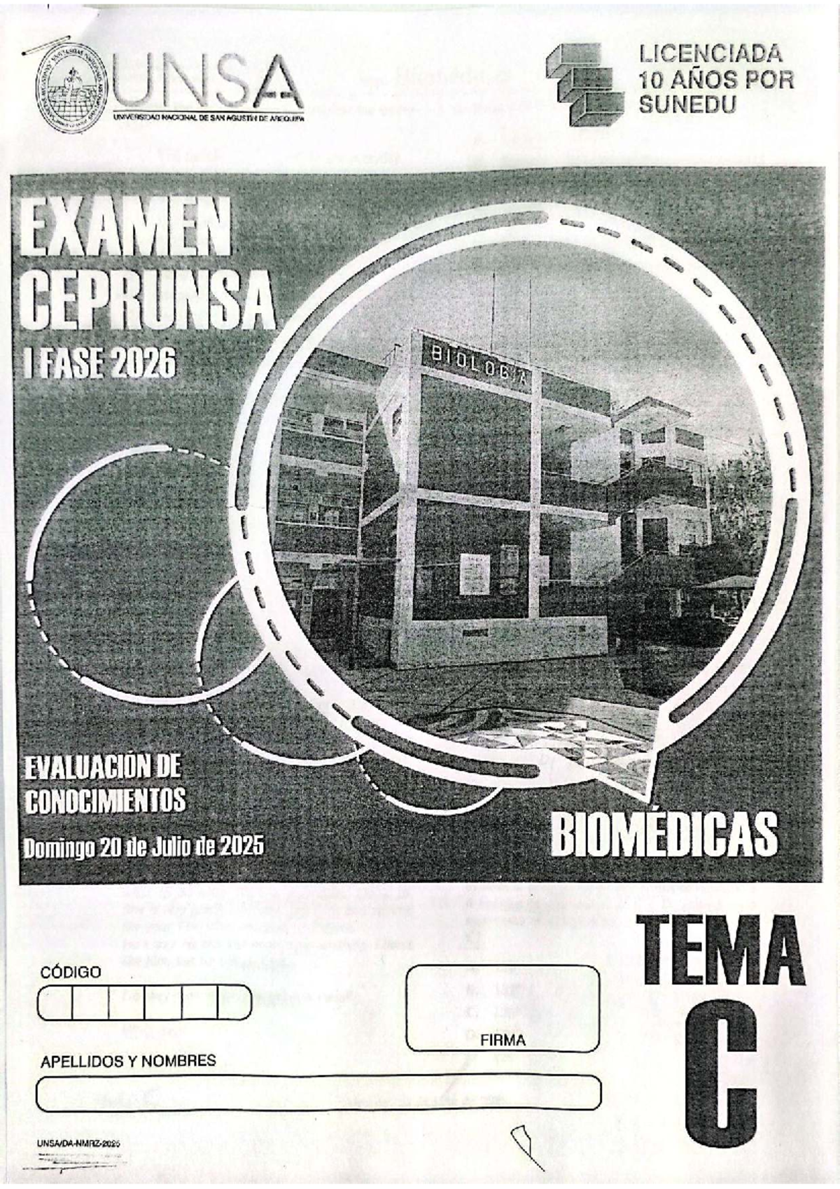 Evaluación de Conocimientos CEPRUNSA I Fase 2026 - Área Biomédicas UNSA ...