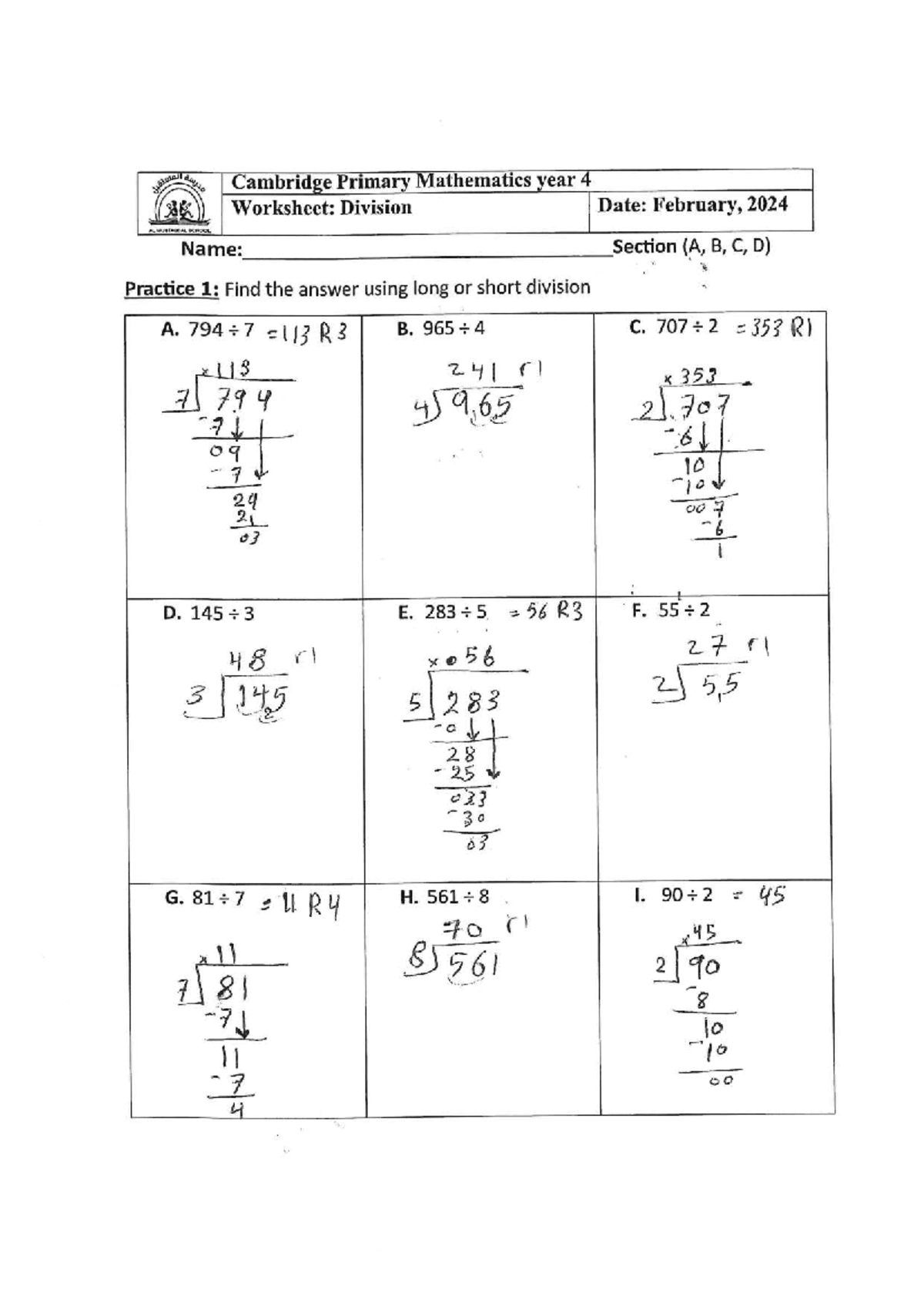 Cambridge Primary Math Year 4 Worksheet: Division Practice - Studocu