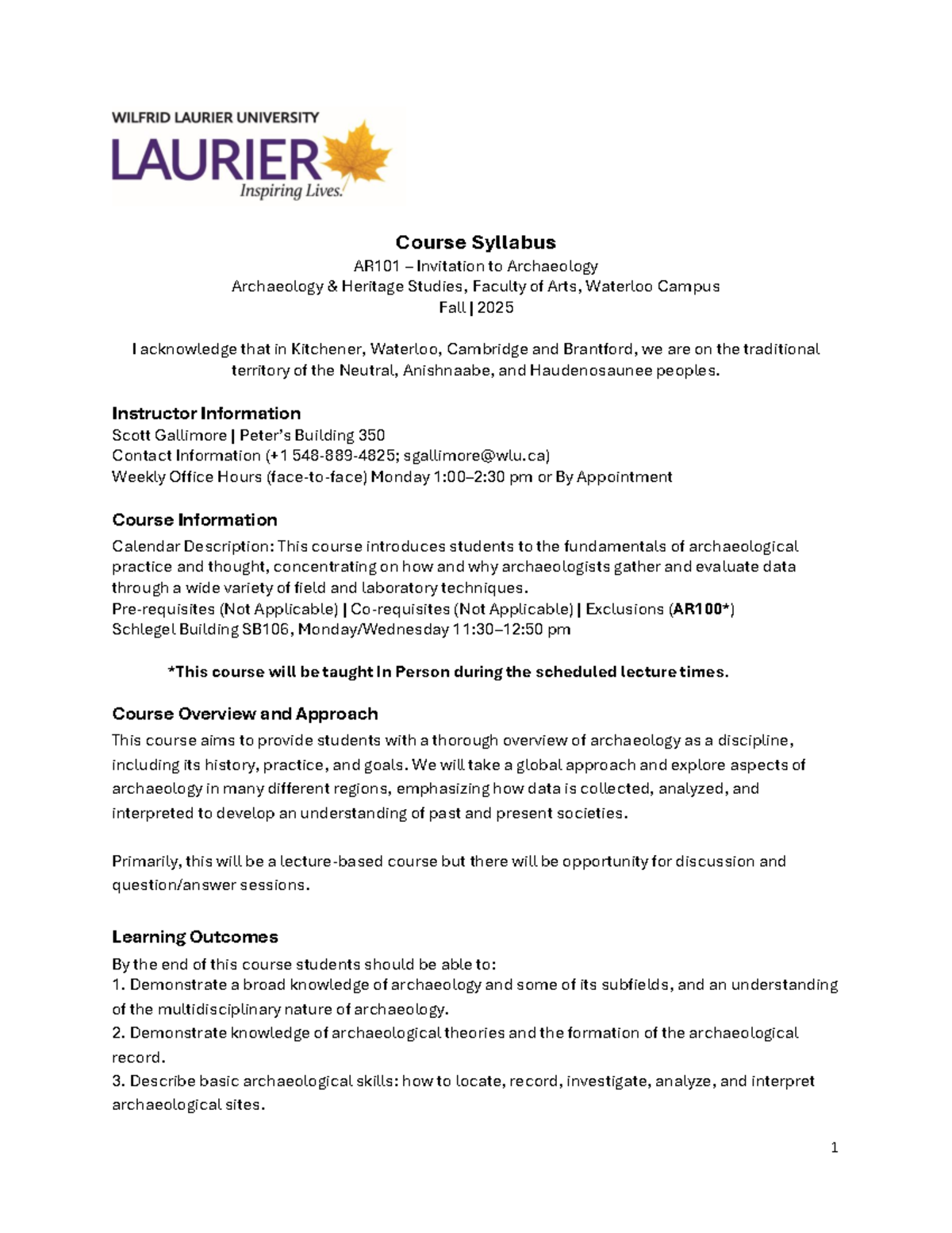 AR101 Syllabus: Invitation to Archaeology - Fall 2025 - Studocu