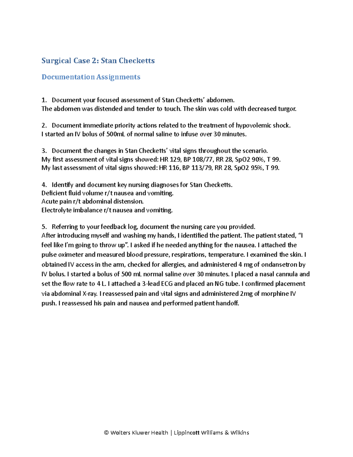 Nursing Care and Assessment for Stan Checketts - Surgical Case 2 - Studocu