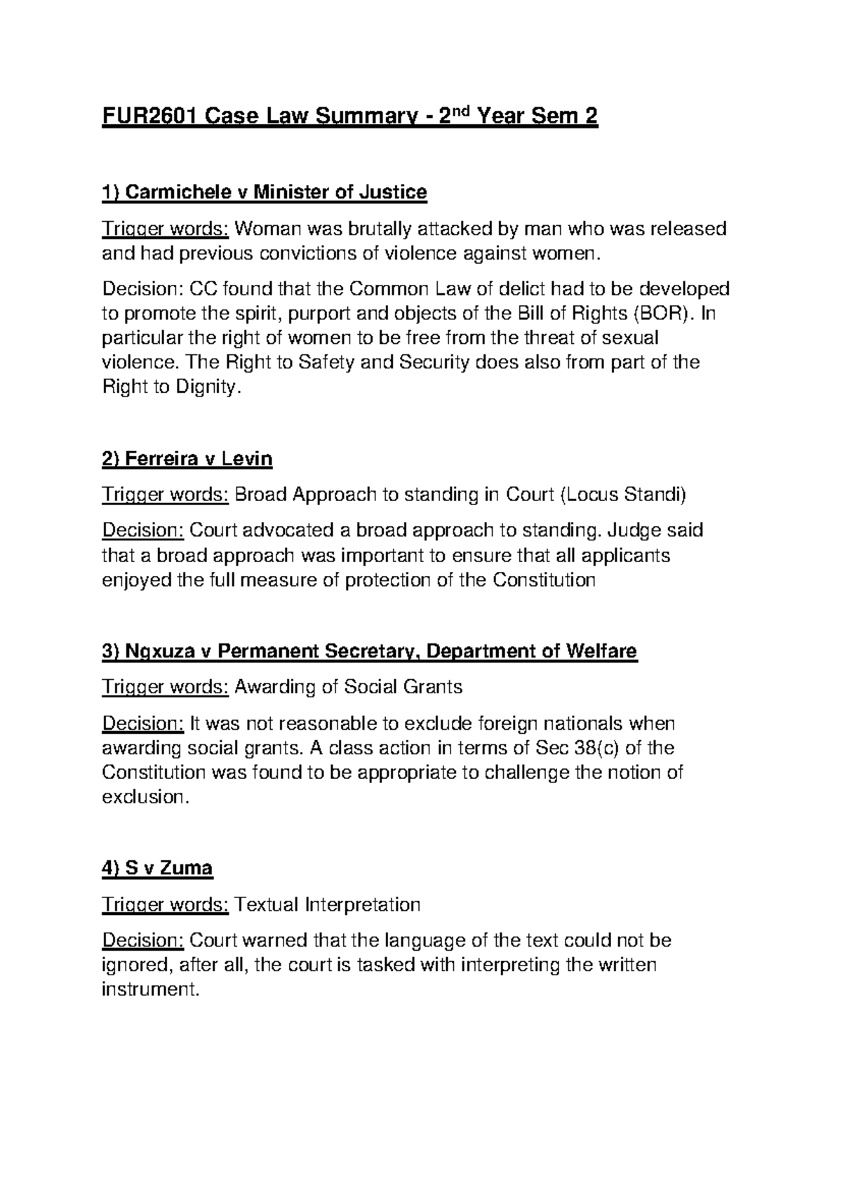 FUR2601 Case Law Summary: Key Cases & Decisions Part 1 - Studocu