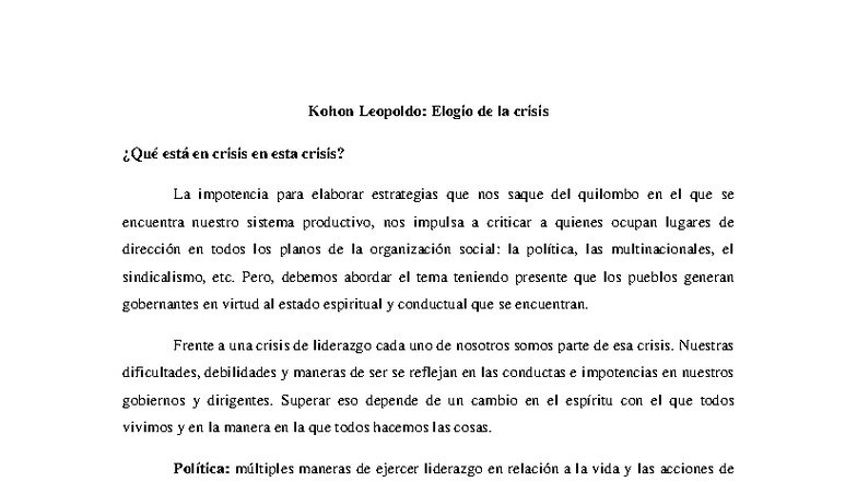 Kohon Y Players - Resumen - Kohon Leopoldo: Elogio de la crisis ¿Qué ...