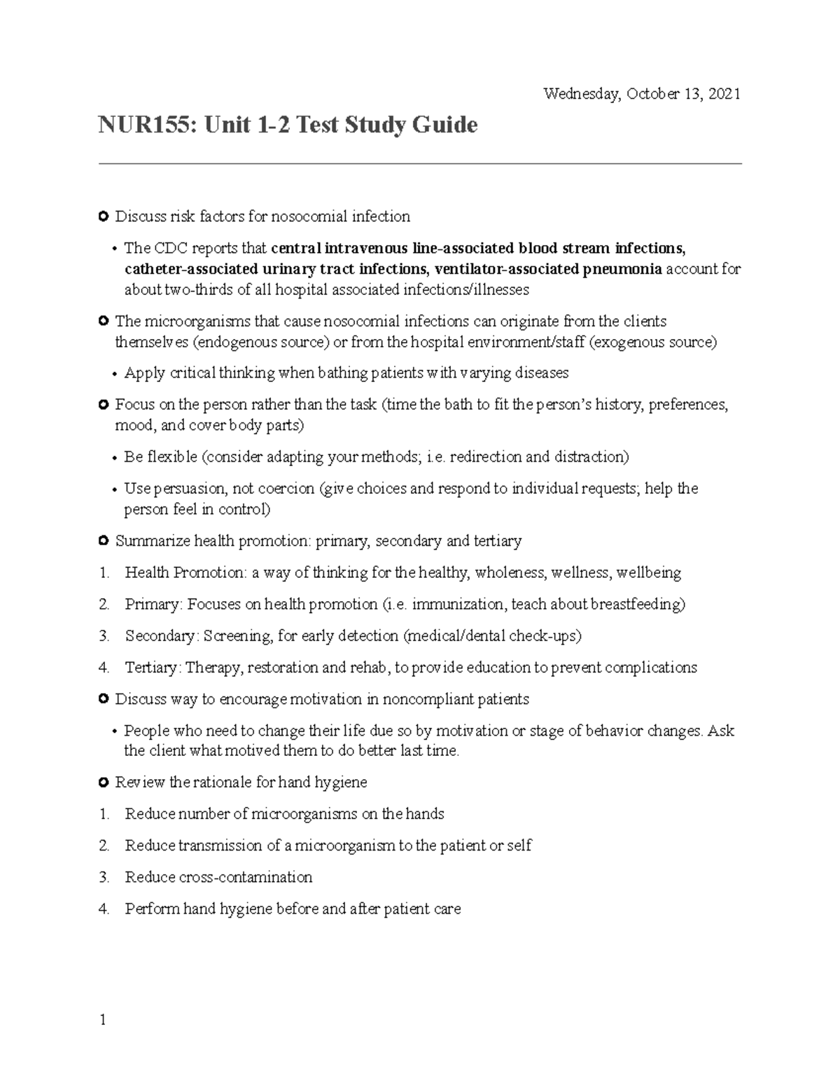 NUR155 Final Exam Study Guide: Key Concepts and Care Practices - Studocu