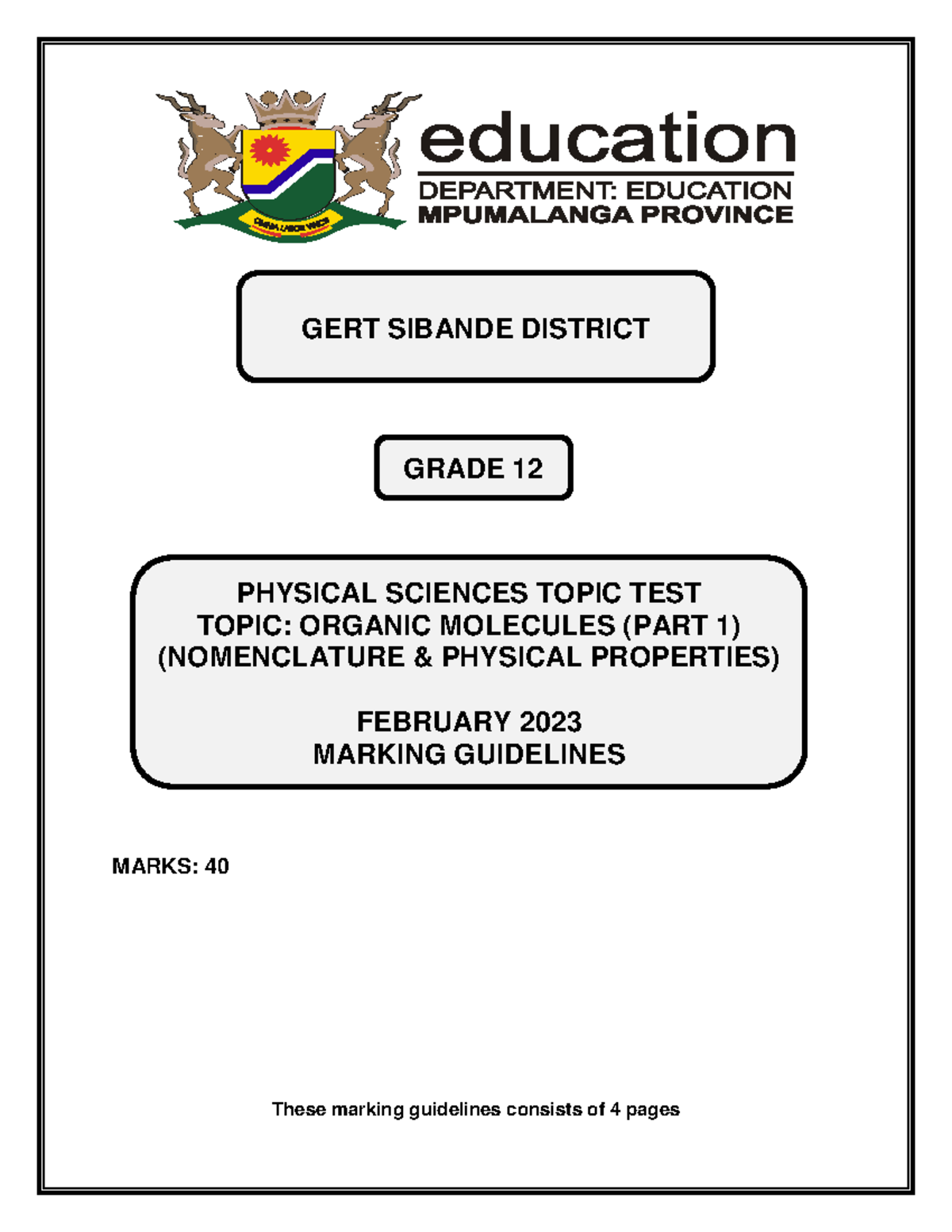 GERT SIBANDE DISTRICT GRADE 12 PHYSICAL SCIENCES TOPIC TEST MEMO ...
