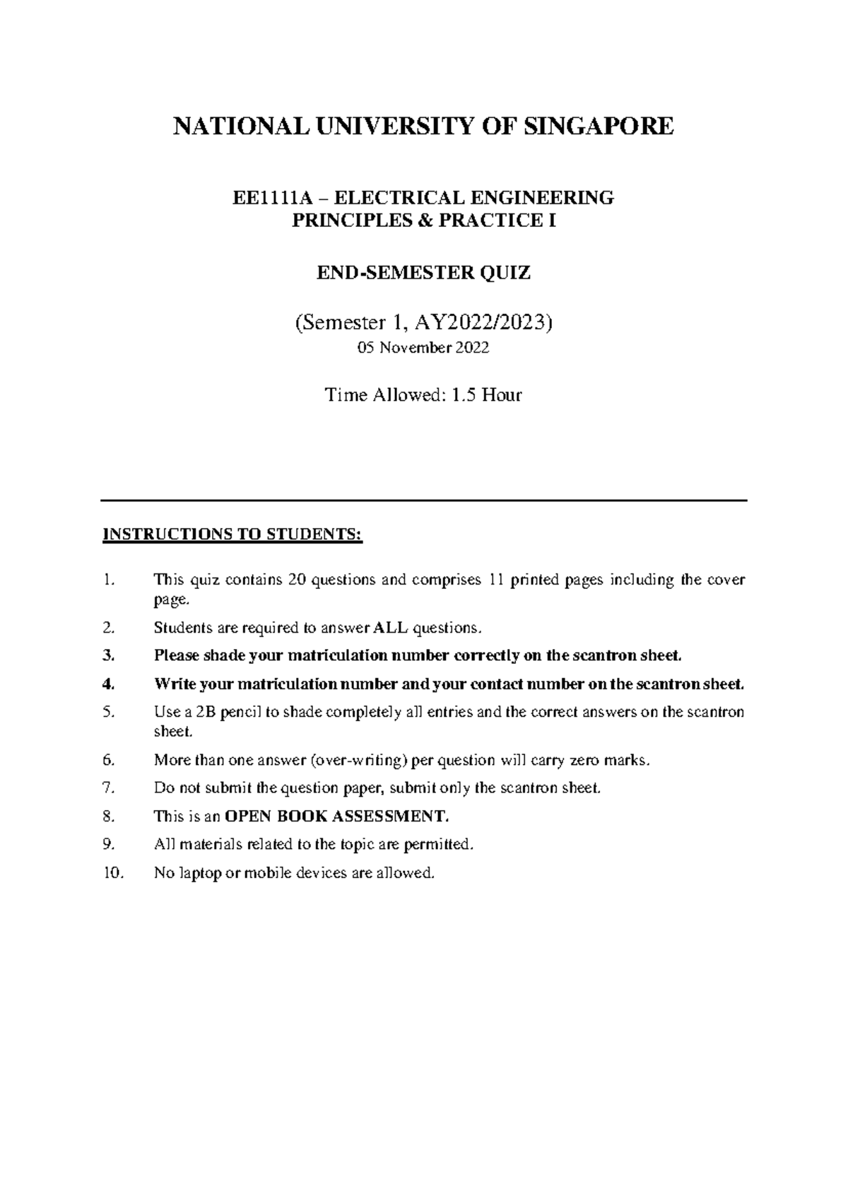 EE1111A Electrical Engineering Principles Quiz 2 Sem 1 AY2223 - Studocu