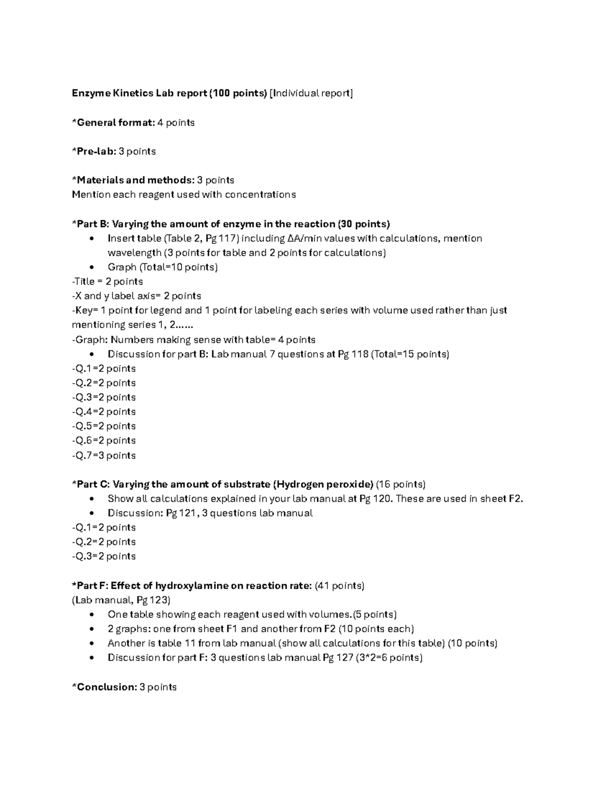 Enzyme Kinetics Lab Report (100 pts) - Gradings Breakdown and ...