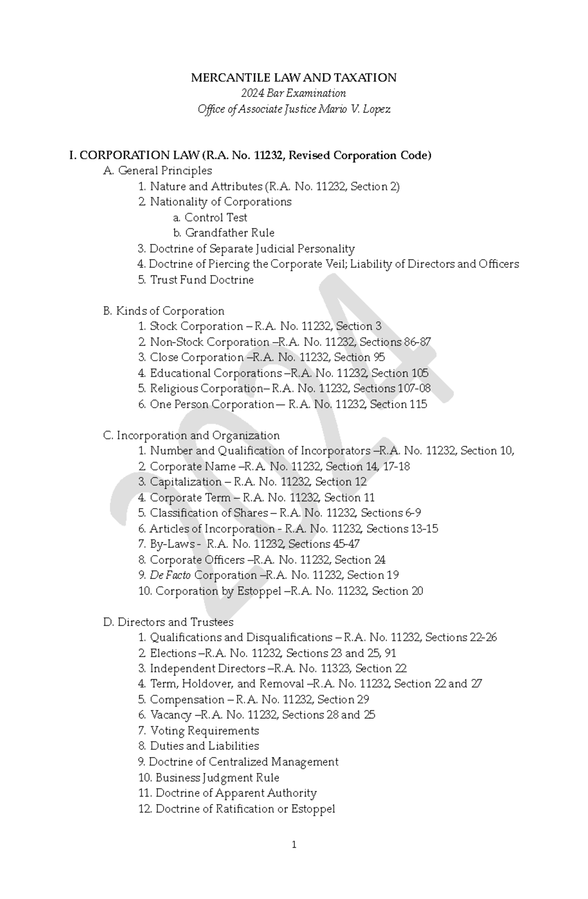 MERCANTILE LAW AND TAXATION 2024 Bar Exam Review Notes - Studocu