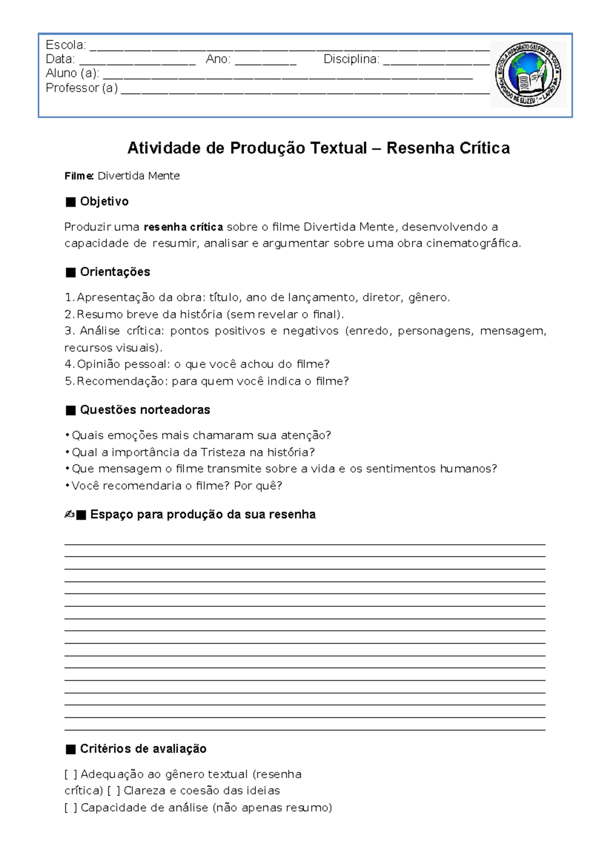 Atividade de Produção Textual: Resenha Crítica do Filme Divertida Mente ...