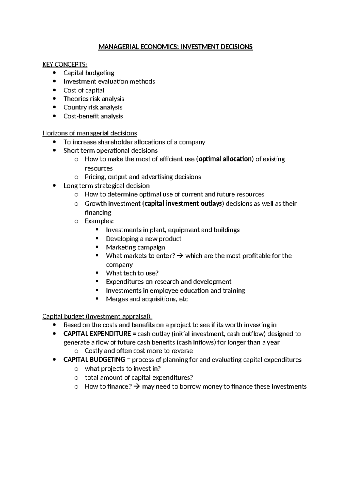 Managerial ECON- Investment Decisions: Key Concepts and Analysis - Studocu
