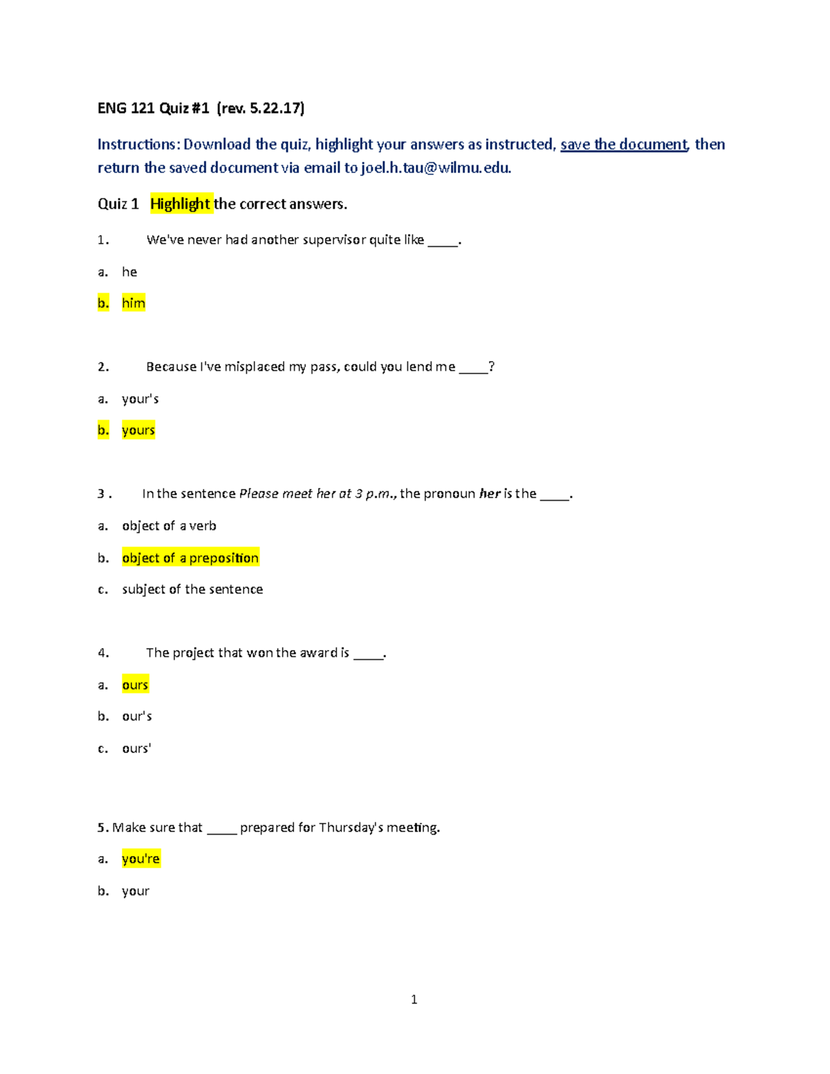 Quiz #1 Answers Guide for ENG 121 by Emily Engh - Studocu