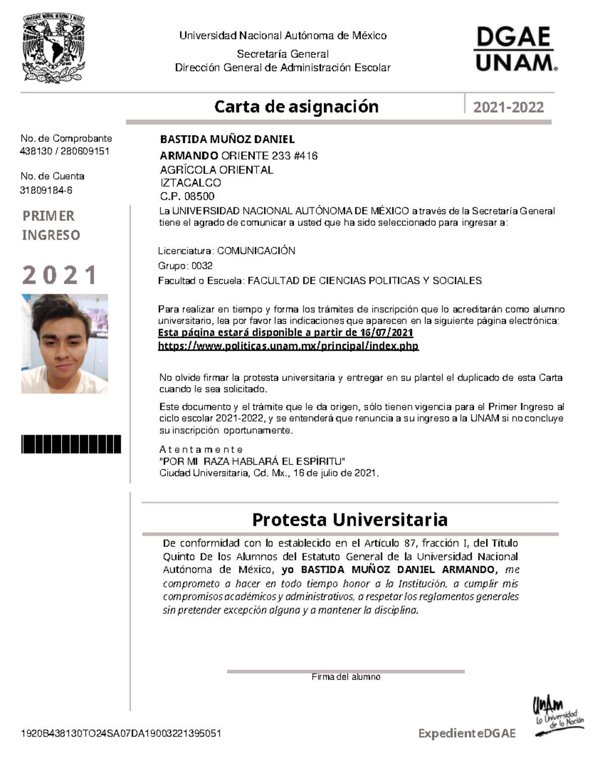 Carta de Asignación UNAM 2021 para Comunicación - Primer Ingreso - Document Preview