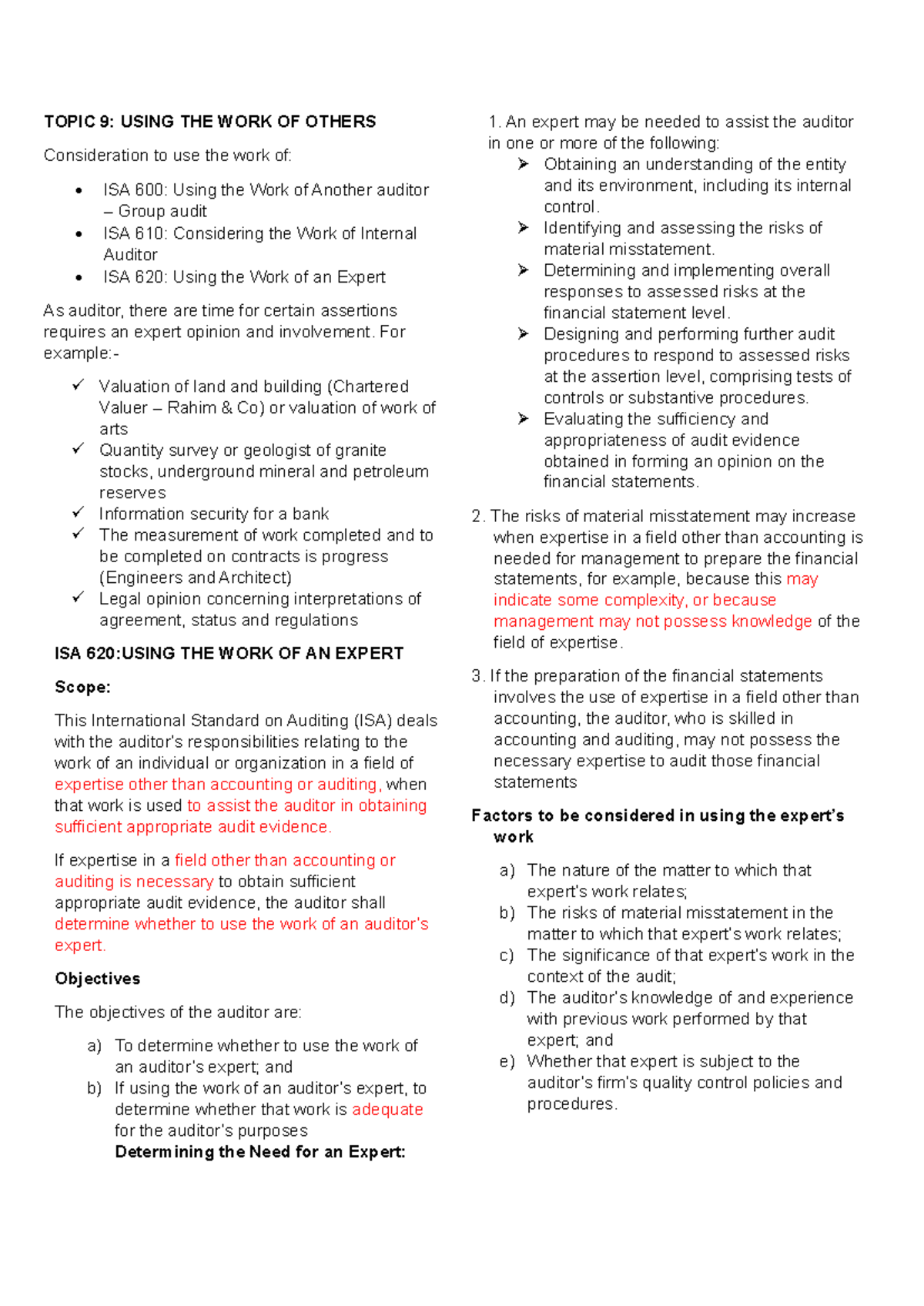Using the Work of Others in Auditing - Topic 9 AUD689 Notes - Studocu