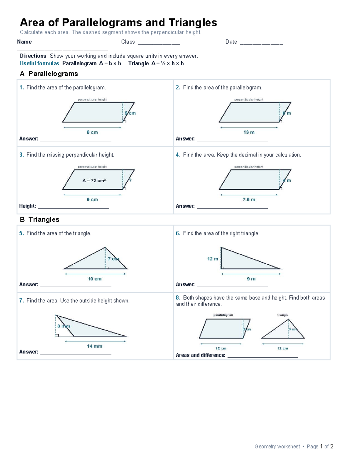Geometry Worksheet: Area of Parallelograms & Triangles - Studocu