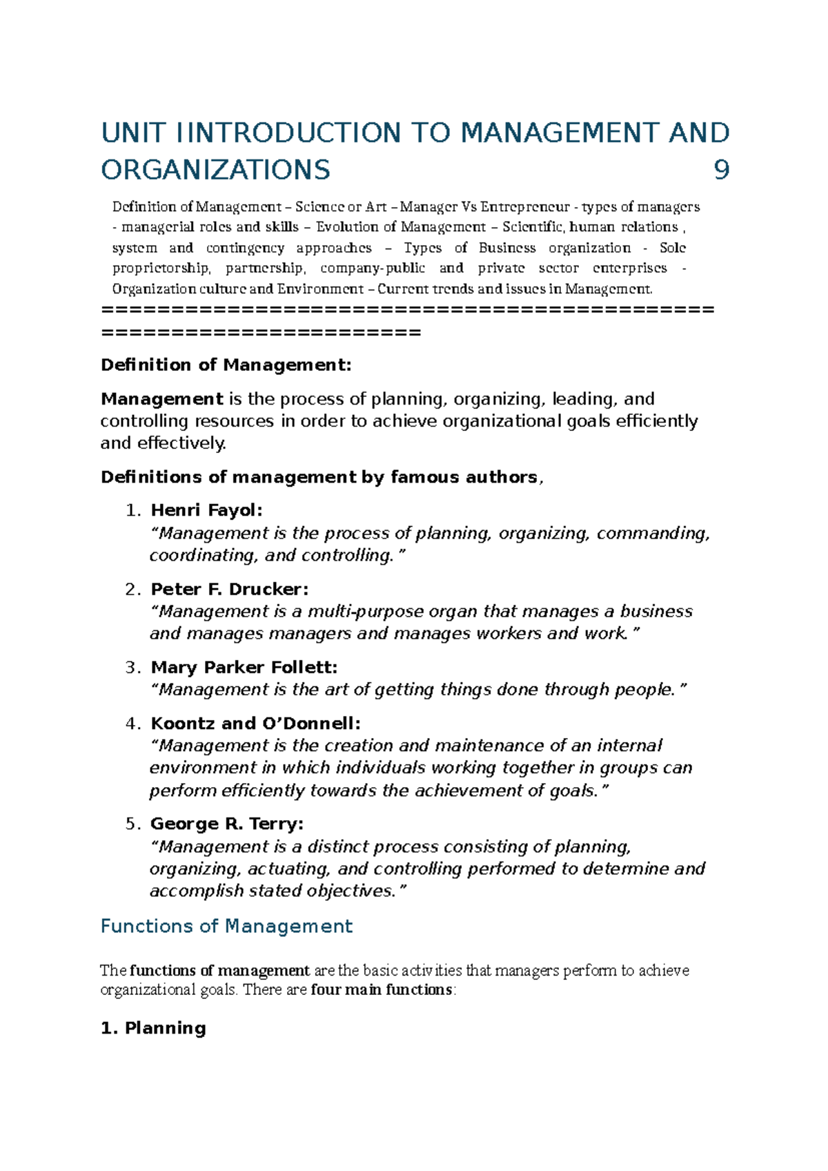UNIT I: Introduction to Management & Organizations - Comprehensive ...