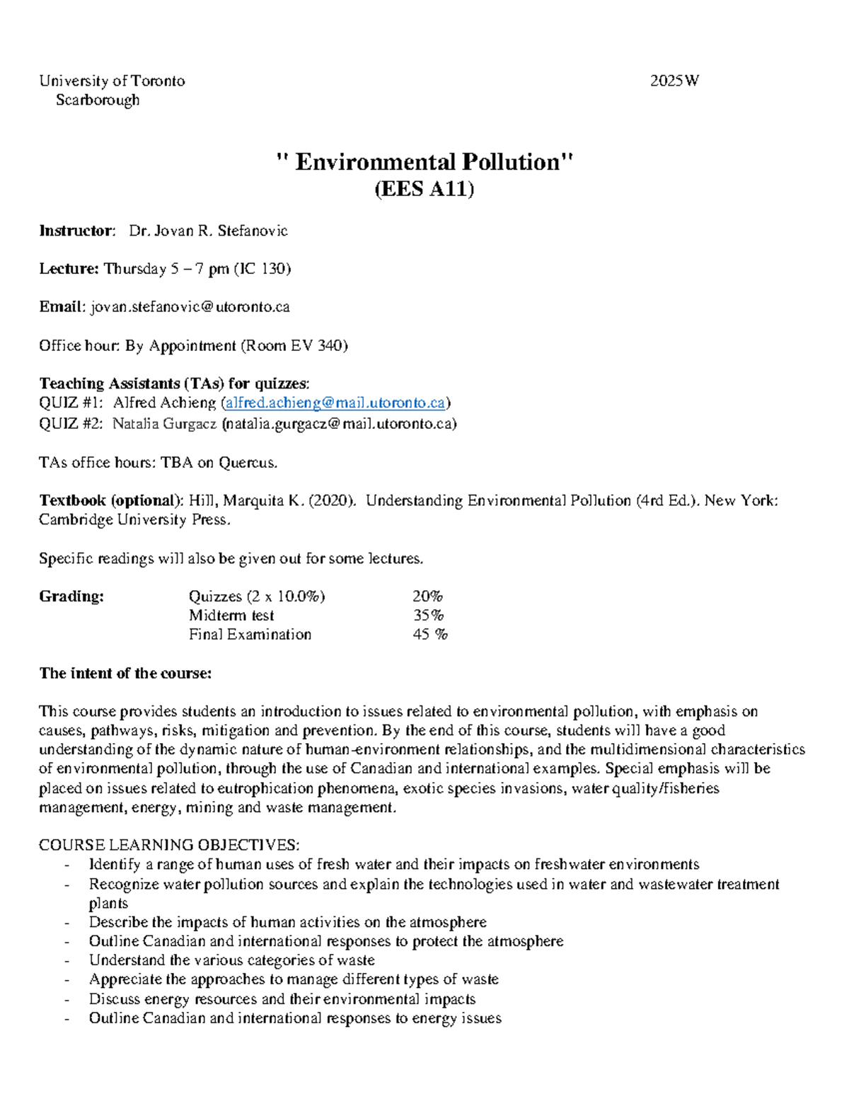 EESA11 - 2025W Environmental Pollution Course Outline and Schedule ...