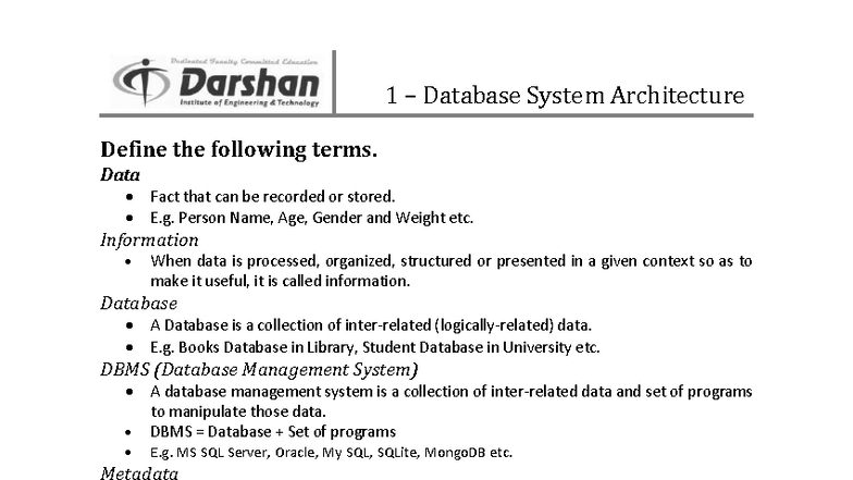 3130703 DBMS Final Exam Study Notes on Database System Architecture ...