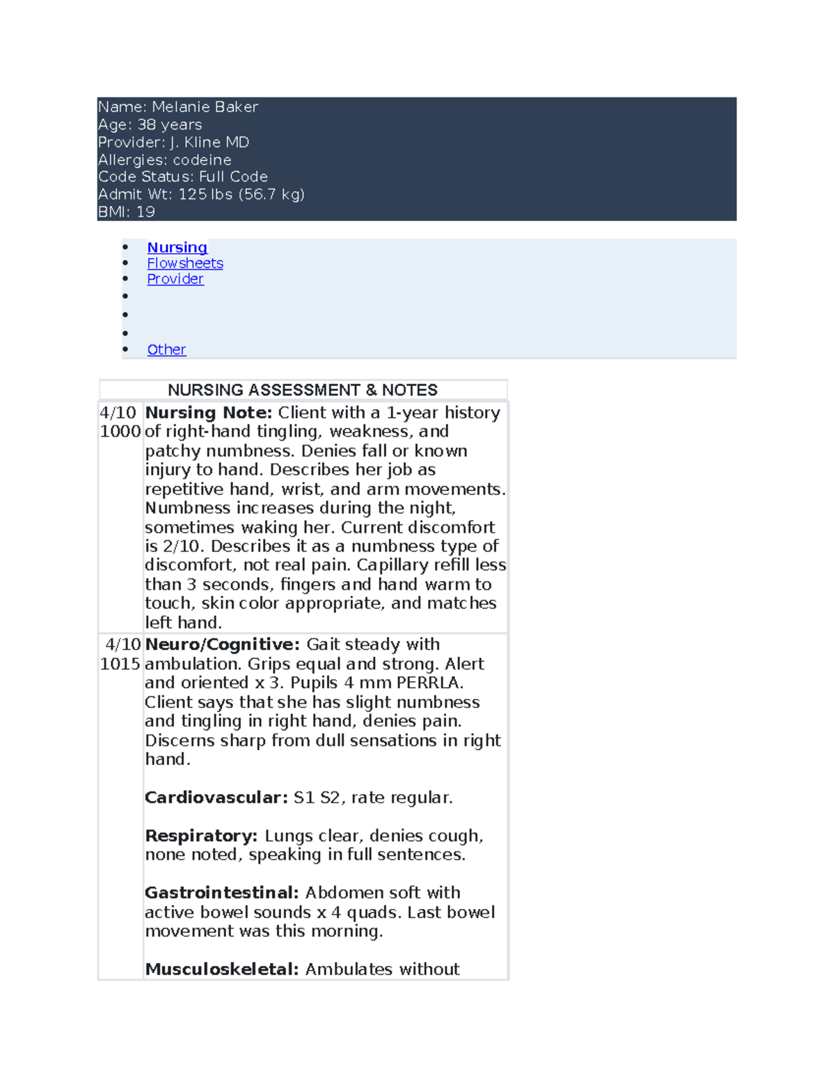 Nursing Assessment Notes for Melanie Baker - Post-Op Care - Studocu
