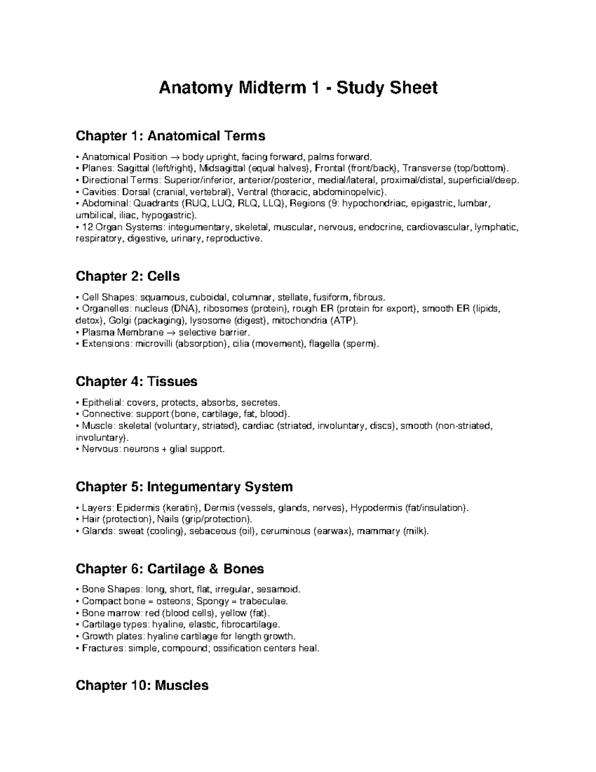 Anatomy Midterm 1 Study Sheet: Key Concepts & Organ Systems Overview ...