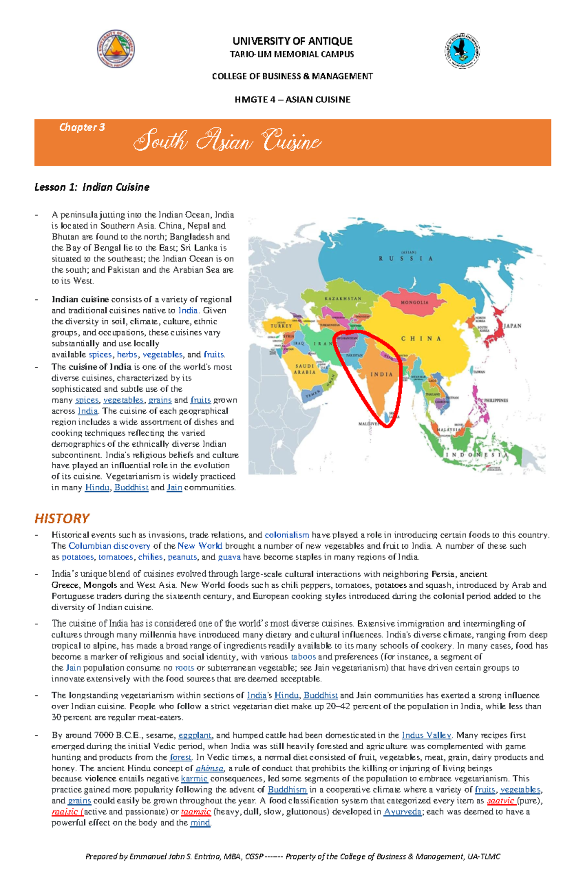 HMGTE 4 Chapter 3: Exploring the Richness of Indian Cuisine - Studocu