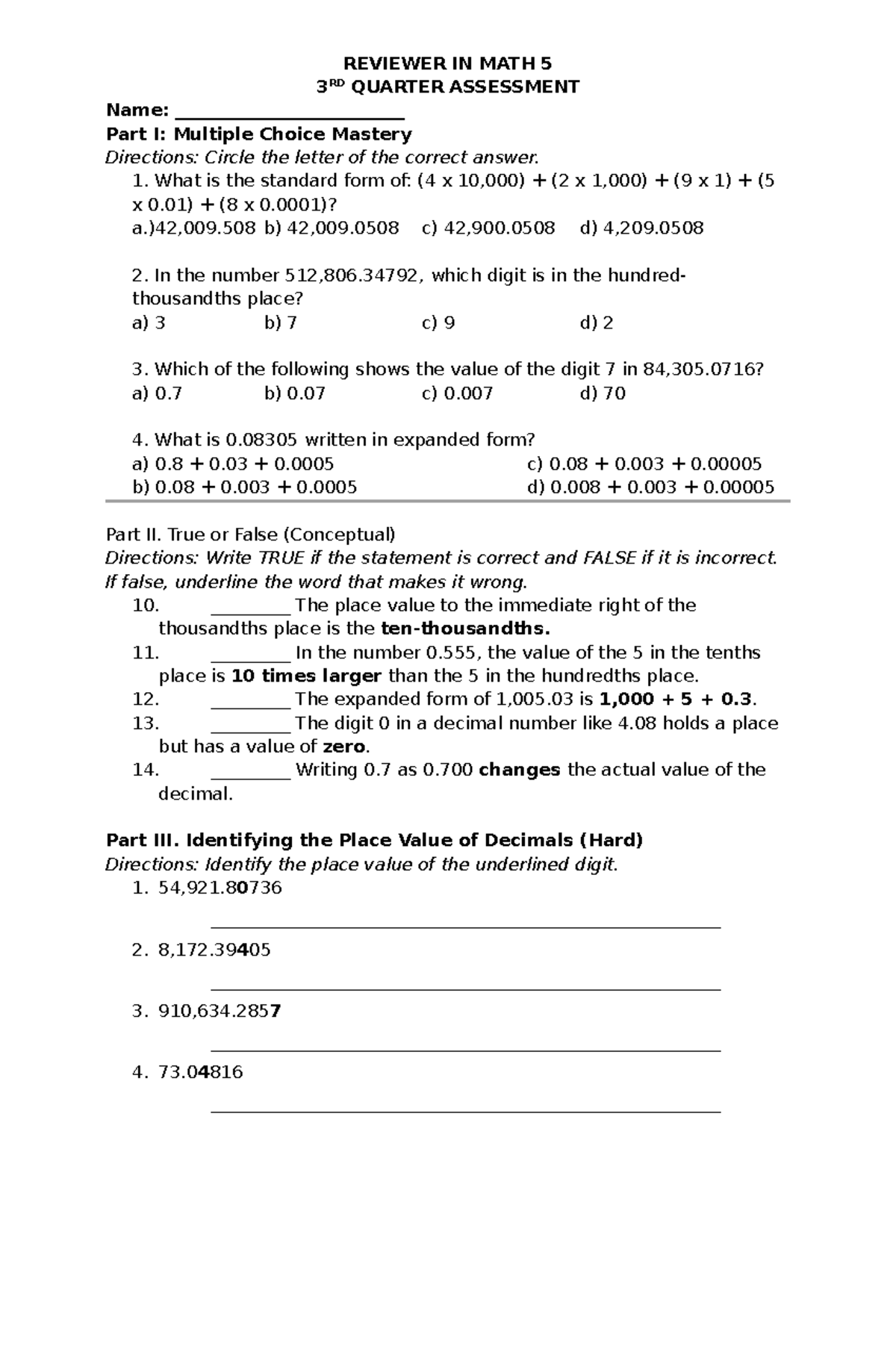 Math 5 Reviewer: Quarter Assessment & Mastery Guide - Studocu