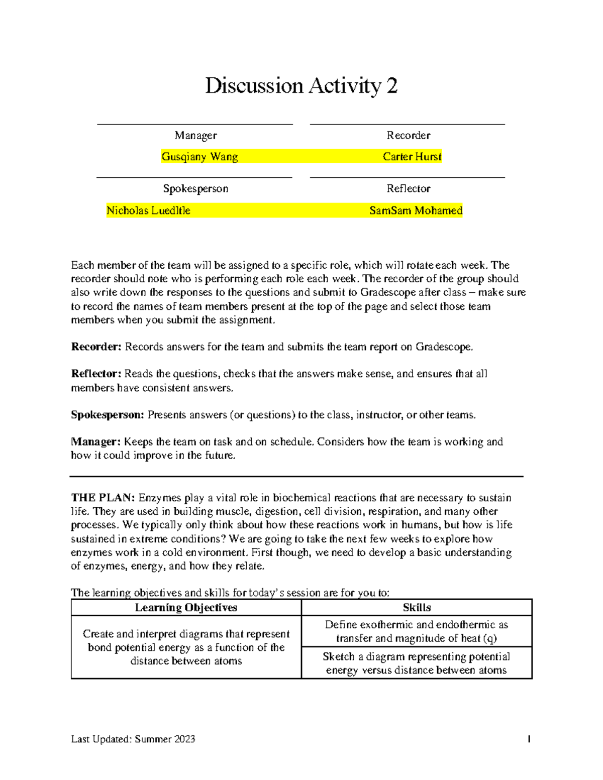 Biochemistry Discussion Activity 02: Enzymes & Energy Dynamics - Studocu